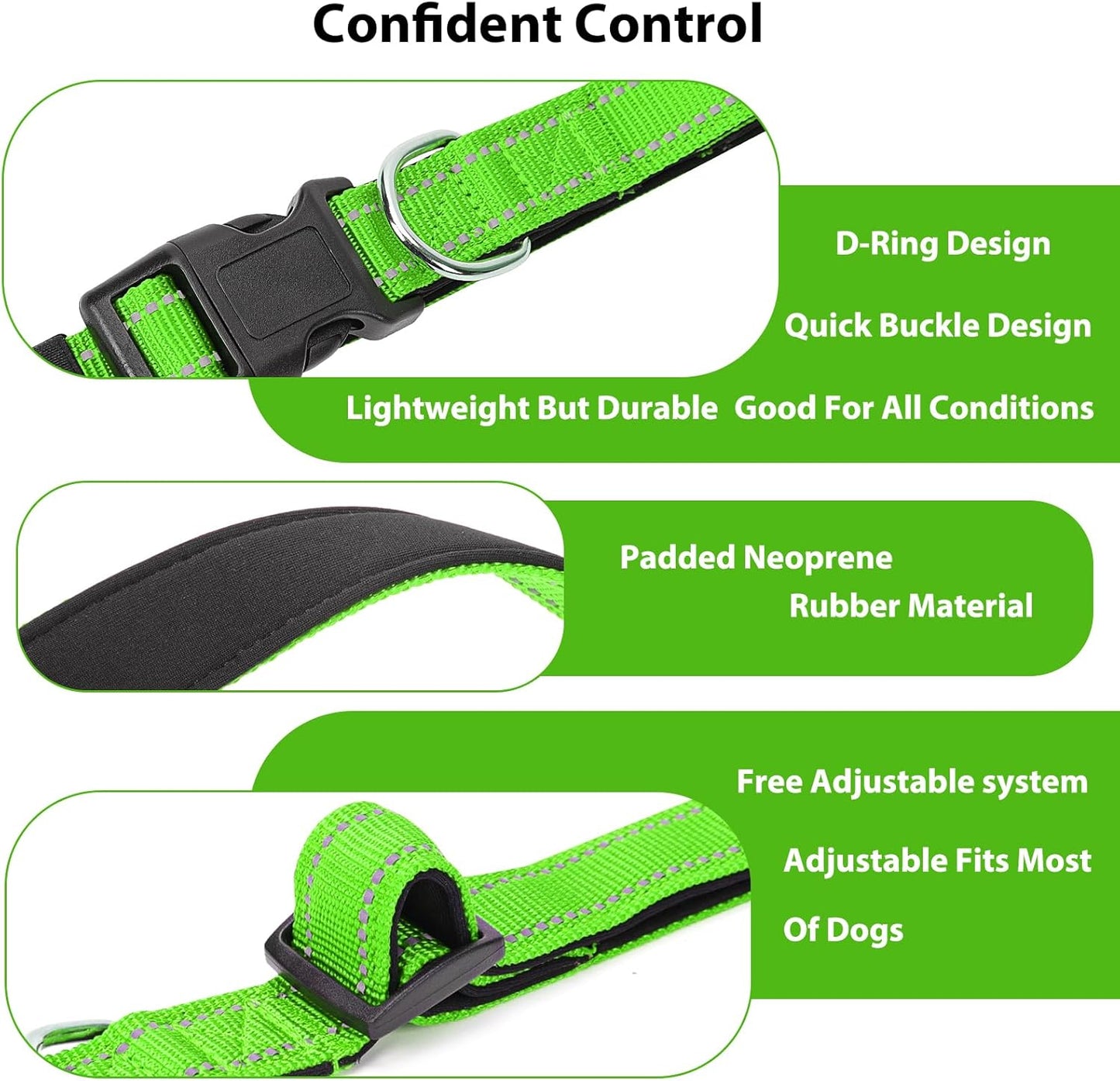 Reflective Dog Collar Padded with Soft Neoprene Breathable Quick Release Basic Dog Collars for Medium Dogs Green Boy Girl