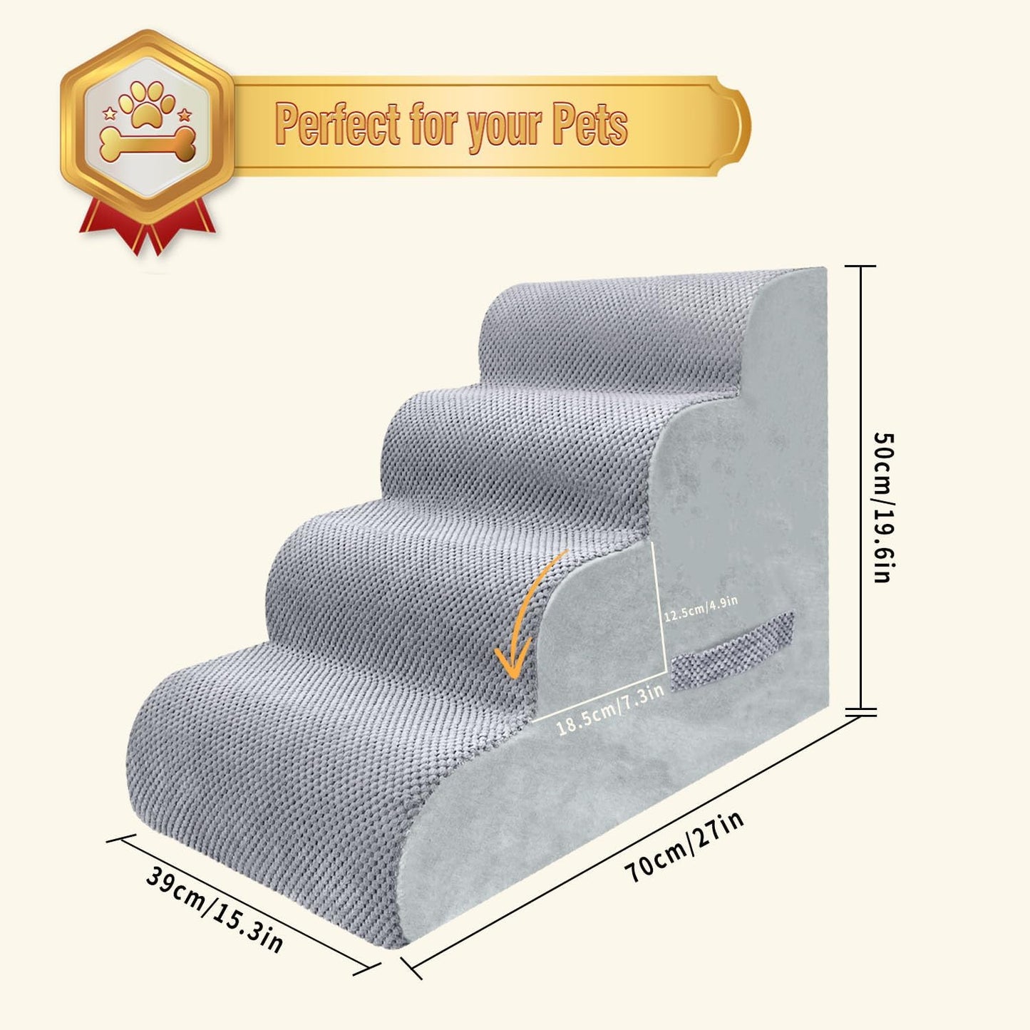 PAWSCART Dog Stairs for Small Dogs and Cats, 4-Step Dog Steps for Bed, 19.6" H Pet Stairs for High Bed, Pet Ramp for Couch, Sofa, Non-Slip Surface Removable Washable Cover, LightGrey