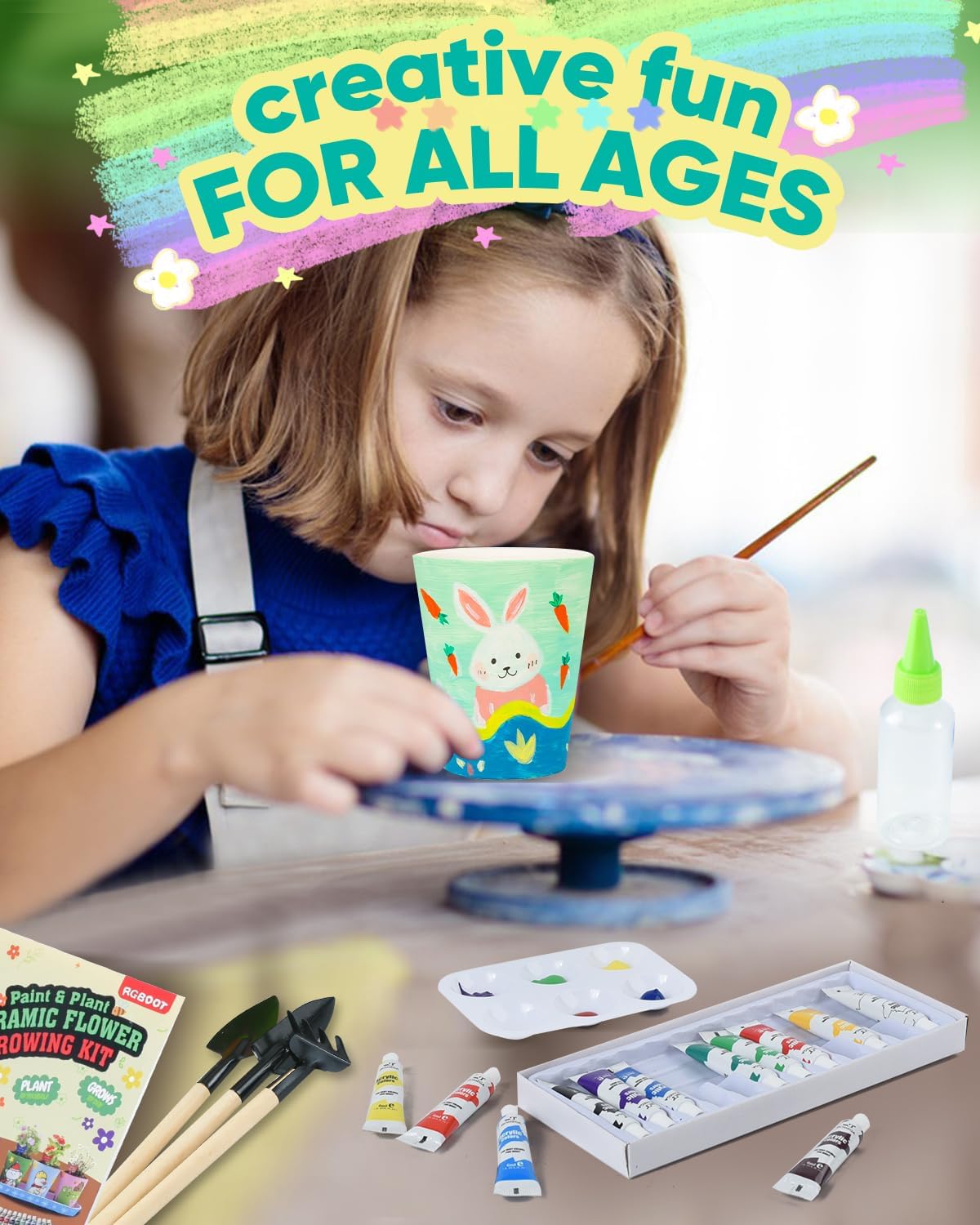 RGBDOT Kids Gardening Set Paint and Plant Stoneware Flower Gardening Kit with 4 Pots Arts and Crafts for Kids Ages 8-12 Best Children’s Day Gift for Girls Boys Ages 5 6 7 8 9 10
