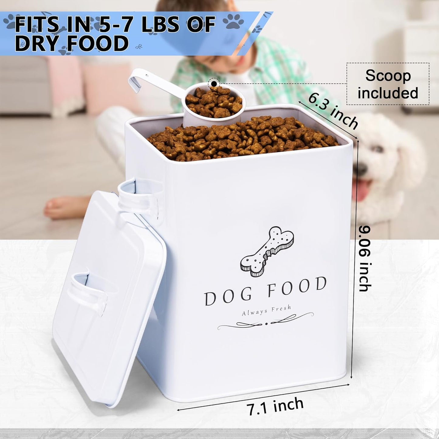 Meraki Home Small Dog Food Container and Dog Treats Container - Tight Lids - Feed Scoop and Pet Food Bowl - Farmhouse Metal Storage Bin - Glossy White