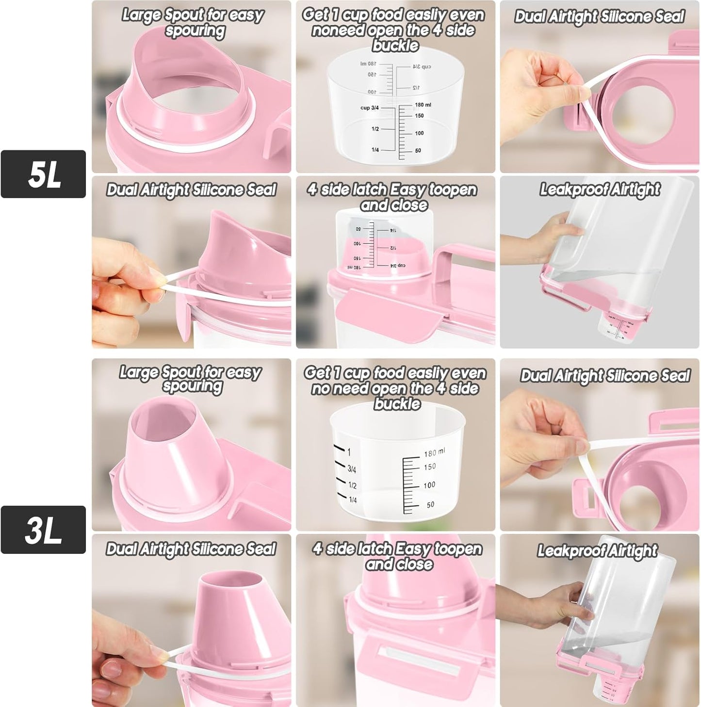 Dog Food Storage Container, Upgraded Large Nozzle BPA-free, 8-12 LBS Plastic Pet Food Storage Containers, With 4 Sealed Clasps, 1 Measuring Cup and Handle (2, Light Pink (3L+5L), (3L+5L))