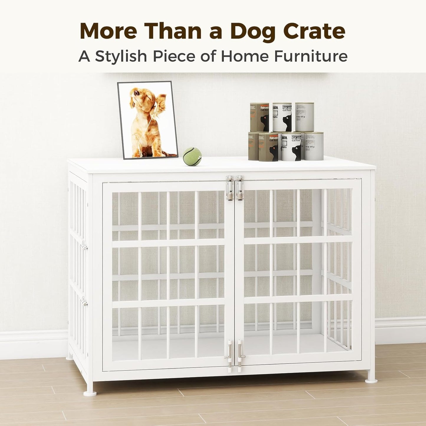 32 Inch Heavy Duty Wooden Dog Kennel End Table with Double Door Design and Secure Locks, Indoor Pet Crate Furniture for Medium Dogs, Decorative Home Cage Design,White