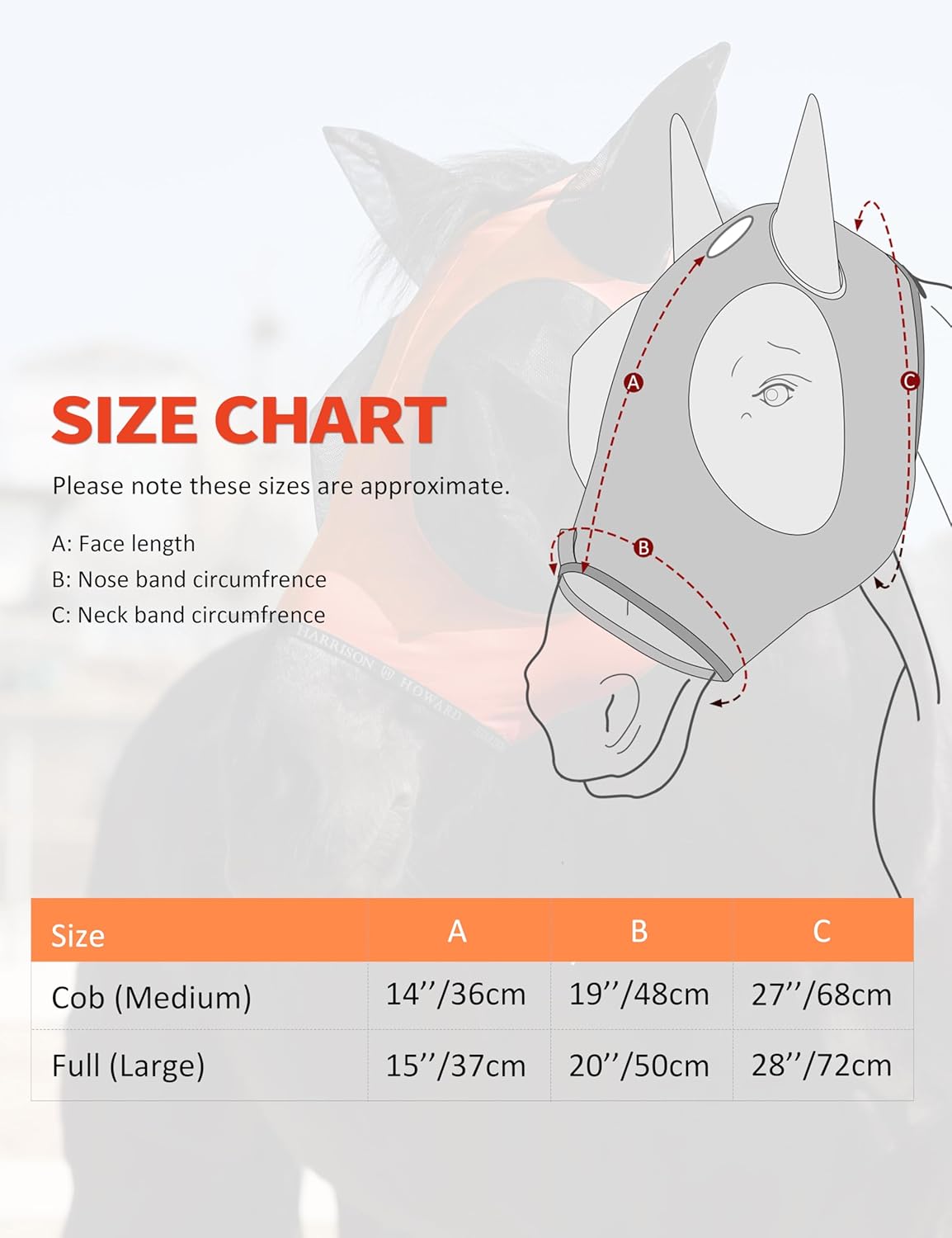 Harrison Howard Horse Fly Mask with Forelock Opening Stretch Breathable and Comfortable for Horses UV -Protection Orange M