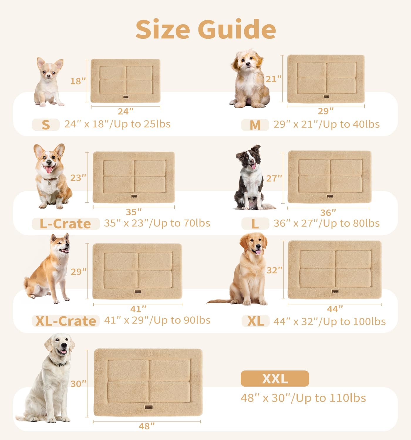 Made4Pets Dog Crate Pad Bed for Small Dogs, Washable & Reversible, Anti-Slip Kennel Mat for Cozy Sleeping, Soft Fluffy Dog Bed for Indoor & Outdoor Use, 24"x18", Khaki