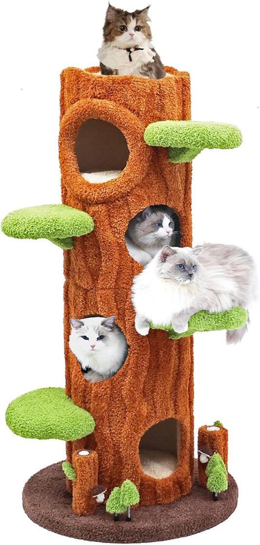 Magic Forest Cat Tree Tower, 62 inches Tall, Real Solid Wood Cat Tree for Multi-Cat Household