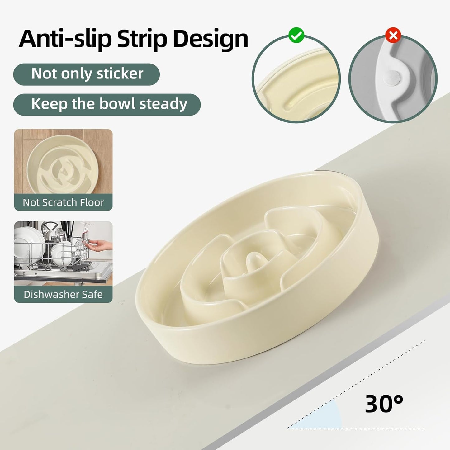 8.2inch Ceramic Raised Slow Feeder Dog Bowl Set, Elevated Wooden Stand for Large and Medium Dog, Puzzle Slow Dish, Anti-Gulping(Beige, Single Bowl+ Stand)