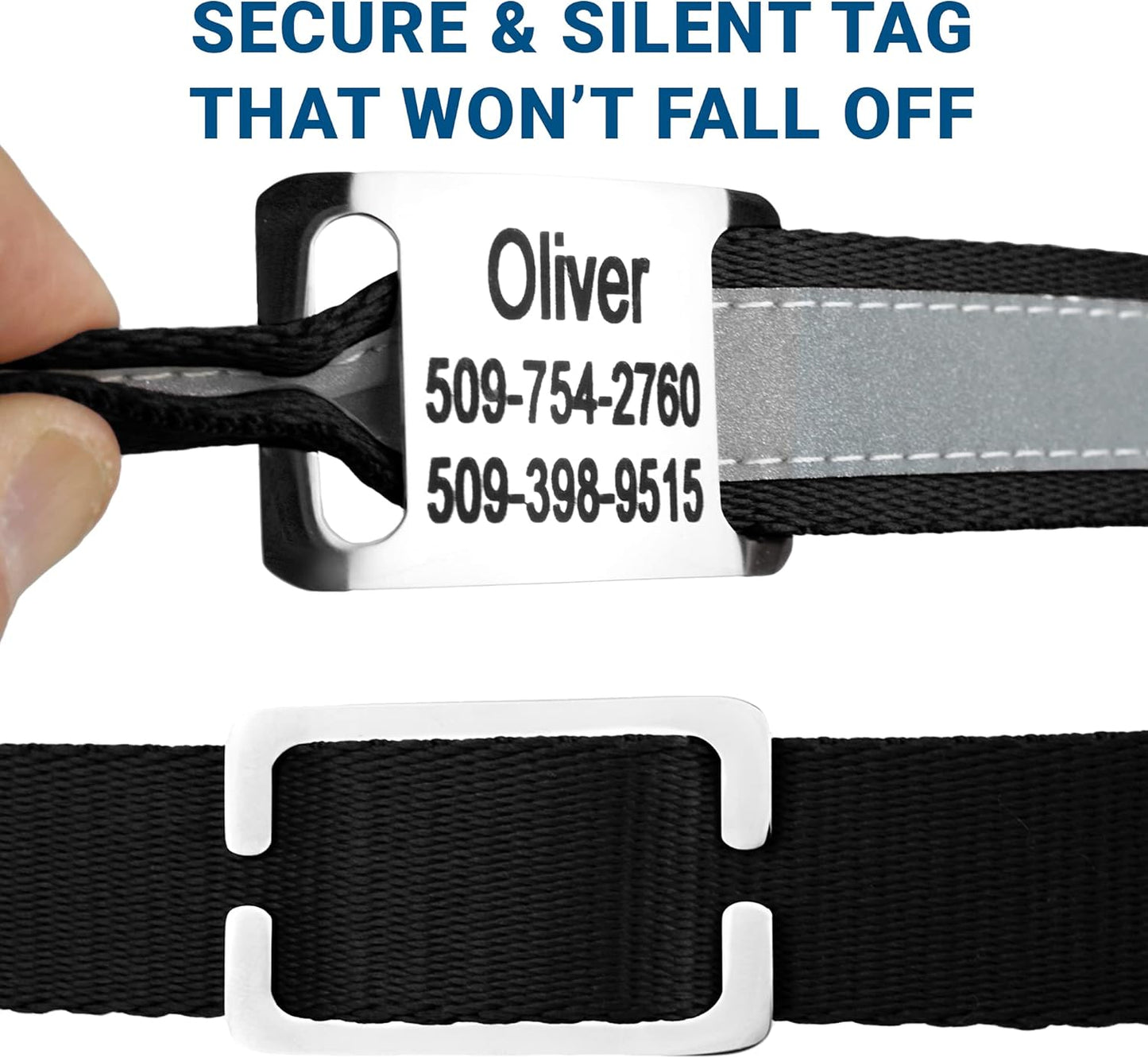 GoTags Reflective Personalized Dog Collar with Nameplate, Adjustable Dog Collar with Custom Engraved Steel Slide On Pet ID Tag, Silent, No Noise Dog Tag for Large Medium or Small (Black, Medium)