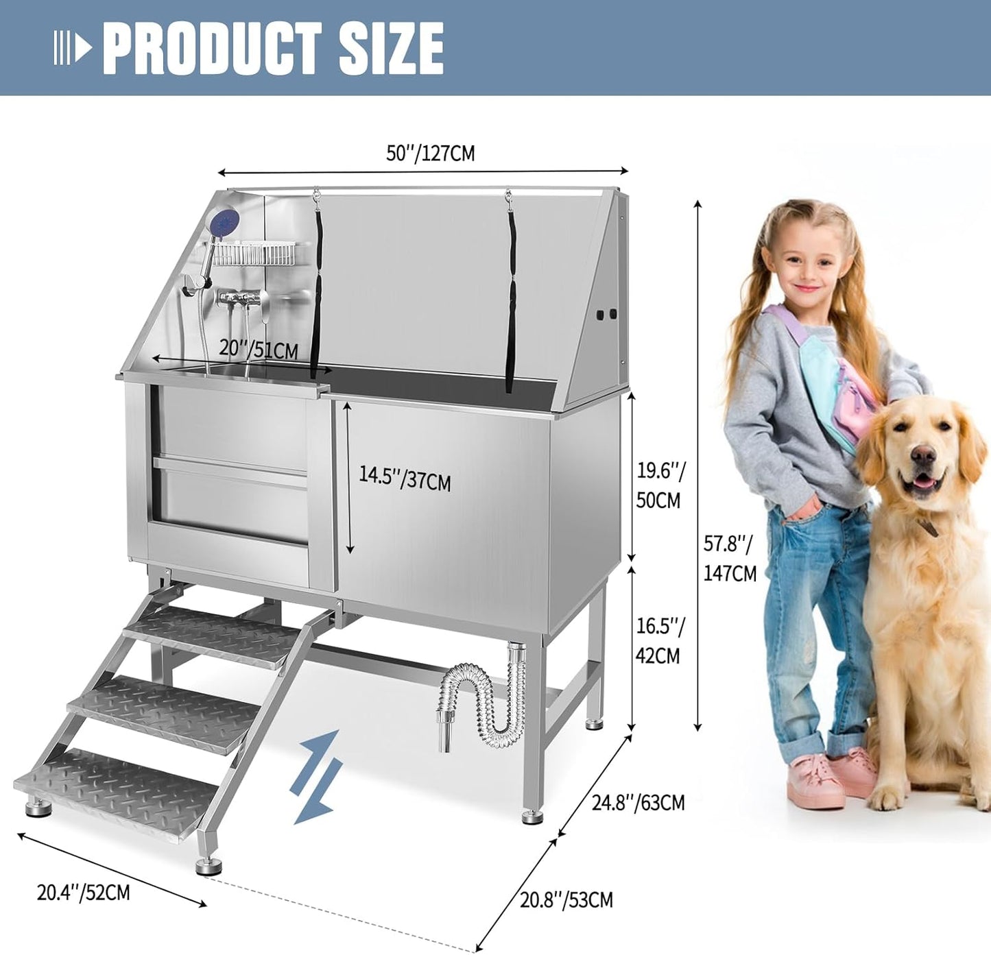 Dog Washing Station 38'' Stainless Steel Pet Grooming Tub for Large Dogs Over-Size Professional Dog Grooming Bathtub Station Wash Shower Sink Pet Grooming Bathtub Station