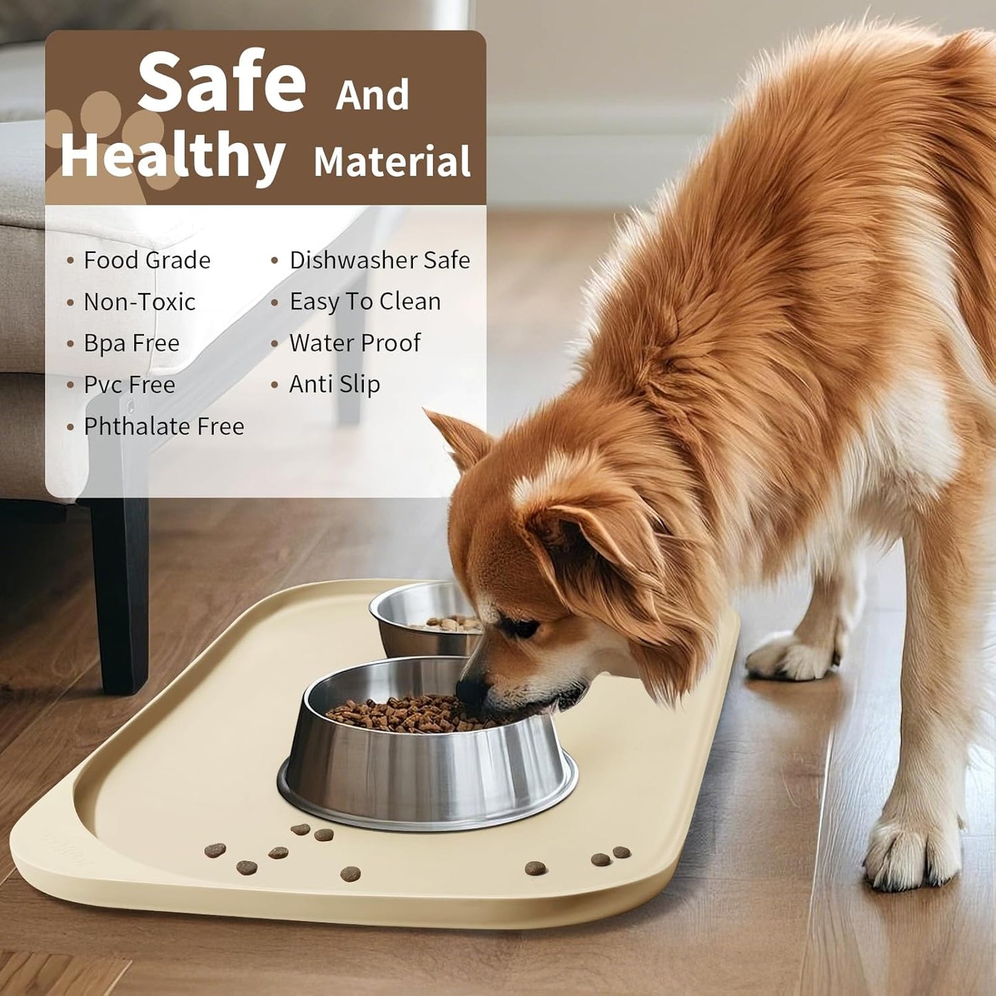 Silicone Pet Feeding Mat with Raised Edge & Residue Collection Pocket for Food and Water, Dog Bowl Mats, Cat Bowls Placemat with High Lip for Floor Waterproof, 24 x 16 x 0.8 White Sand