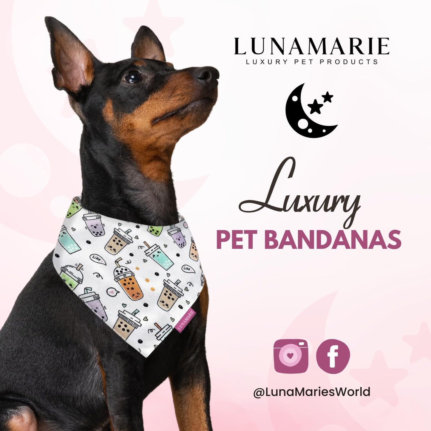 LunaMarie - Luxury Pet Birthday Bandanas -Premium & Silky Poly Fabric | 100% Handmade | Custom Shape Dual Layered (Boba, Medium)