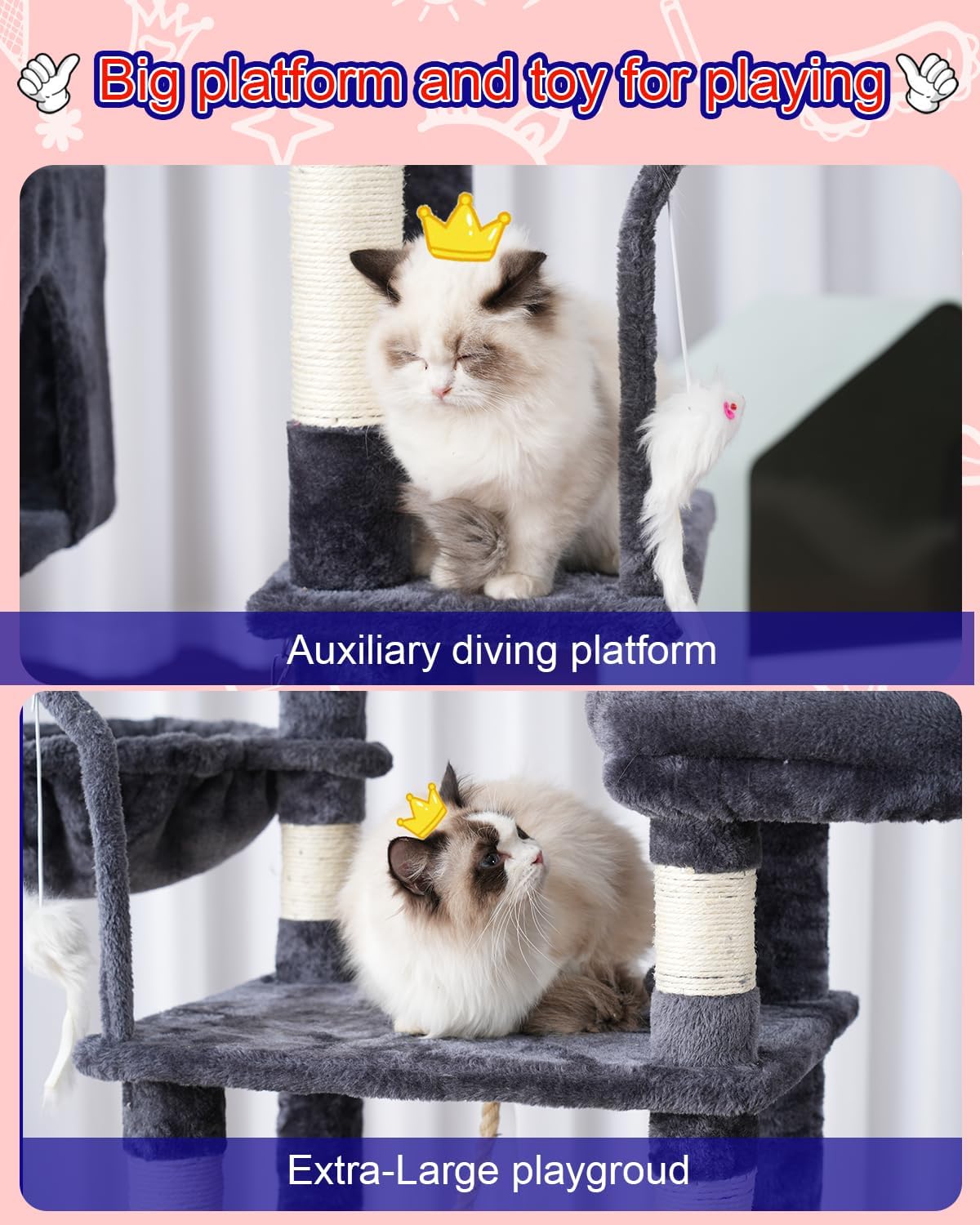 Cat Tree, Cat Tower for Large Cats with 2 Big Platforms, 2 Baskets, condo and Toys, 63" Cat Scratching Posts for Indoor Cats, Smoky Gray GCT020G