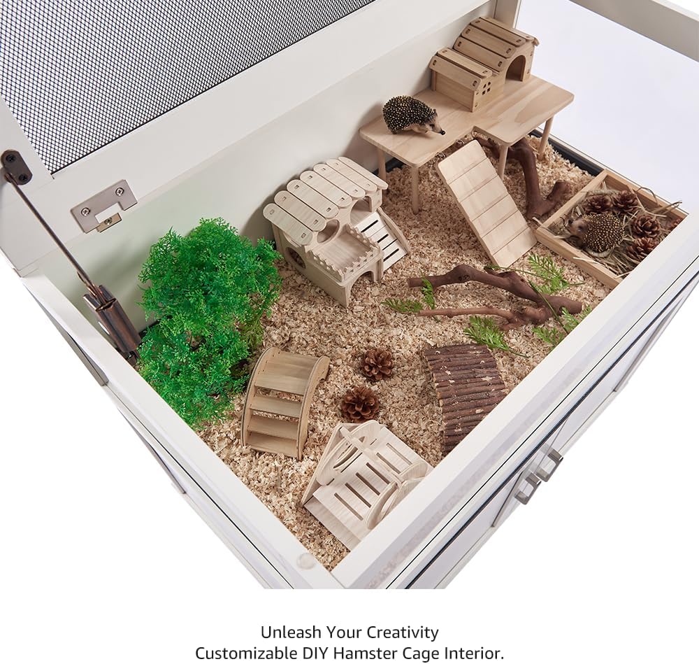 unipaws Hedgehog Cage with Storage Cabinet, Hamster Cage for Rat and Guinea Pigs, Clear Transparent PVC Visual Small Animal Cage with Tray, Hamster Enclosure, White