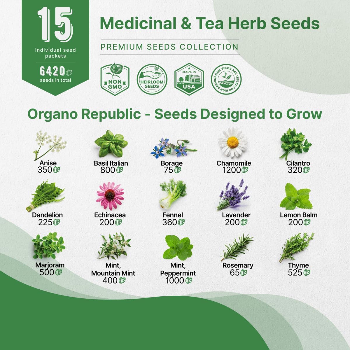 Organo Republic 15 Medicinal & Tea Herb Seeds Variety Pack 6,420+ Non-GMO Heirloom Garden Seeds for Indoor & Outdoors, Including Anise, Borage, Cilantro, Chamomile, Dandelion, Rosemary Seeds