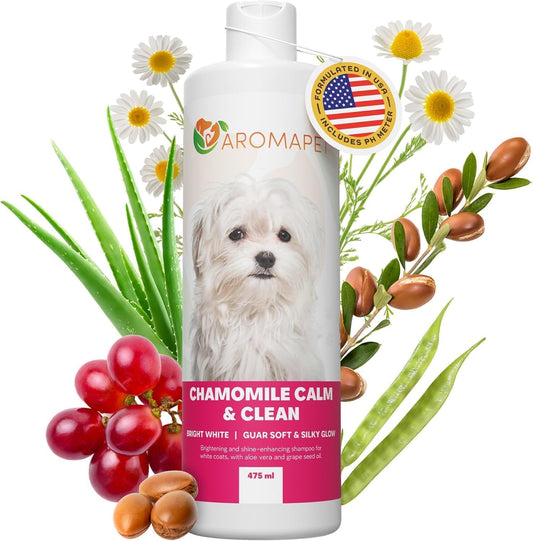 Chamomile Calm & Clean Dog Shampoo for White Coats - Deodorizing Dog Shampoo with Aloe, Argan Oil, Chamomile, Grape Extract - Great for Maltese, Gentle, Hypoallergenic. Soft & Silky Glow.