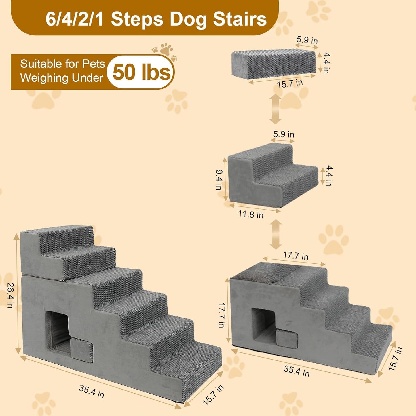 Dog Stairs for Small Dogs 27”H, 6-Step Dog Steps for High Bed, High-Density Foam Pet Stairs with Non-Slip Removable Washable Cover to Get on Bed