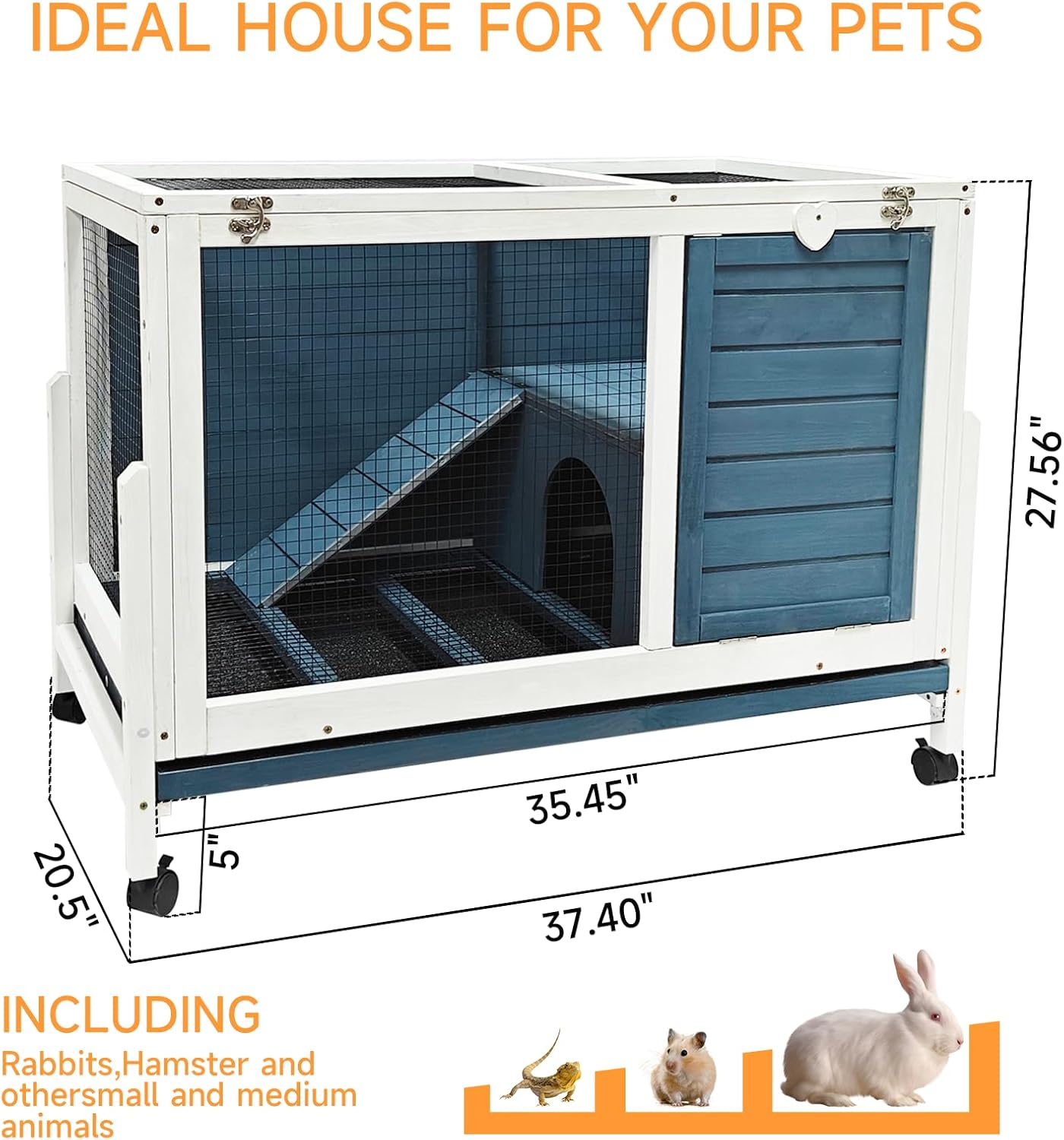 Two Floors Wooden Indoor Bunny Hutch Rabbit Cage on Wheels Guinea Pig PET House for Small to Medium Animals Waterproof No Leak Tray (M)