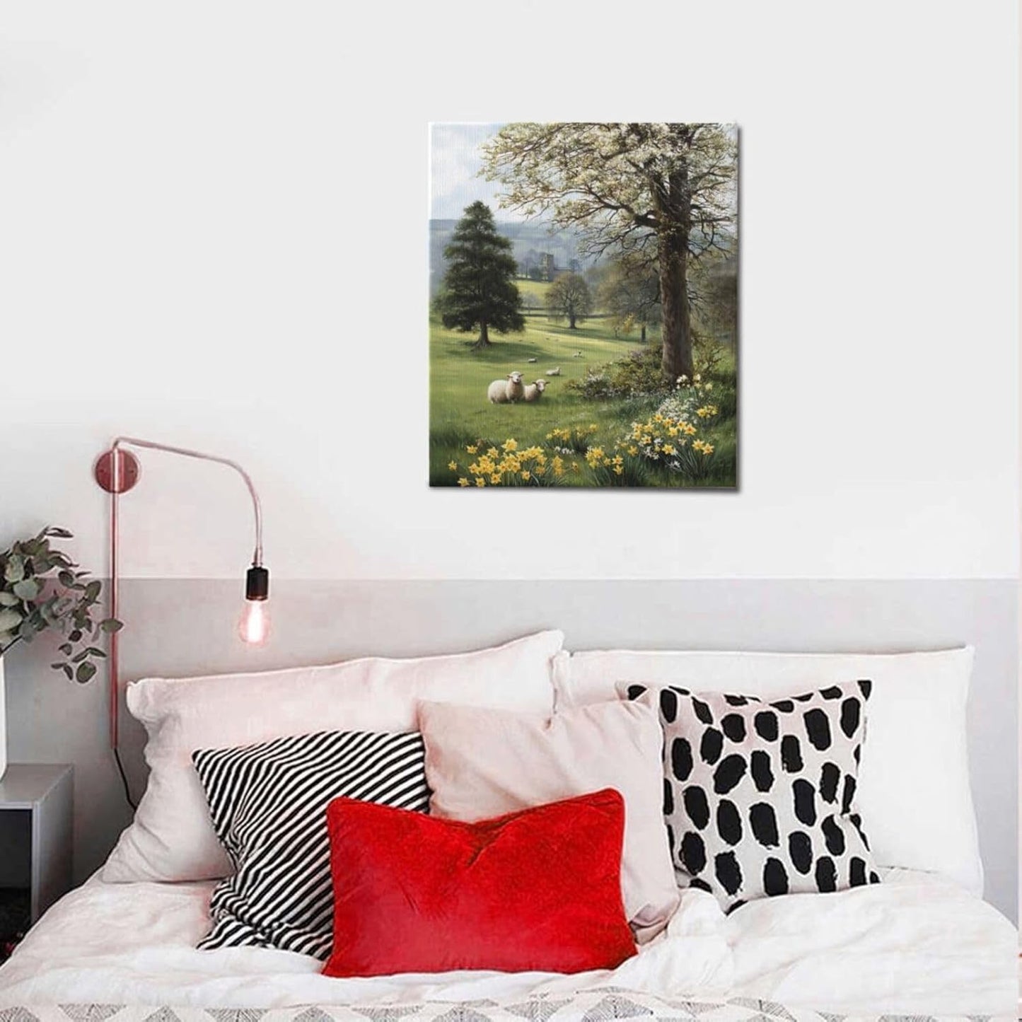 Country Sheep Canvas Wall Decor Farmhouse Rustic Lamb Wildflower Wall Art Nature Countryside Landscape Pictures Painting Print Framed Artwork Decorations for Bathroom Living Room Bedroom 24"x20"