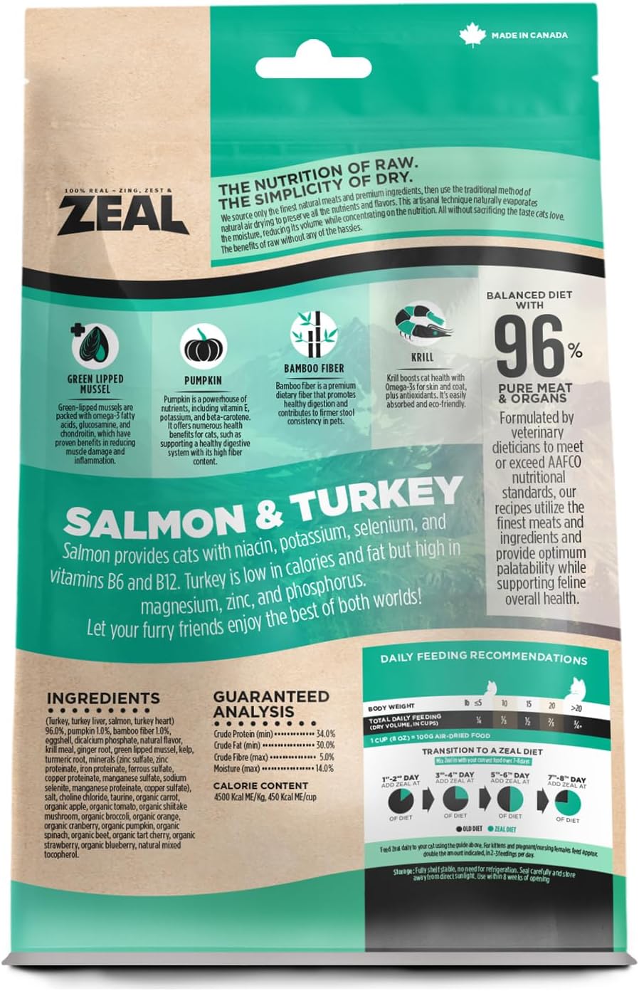 ZEAL Canada Air-Dried Salmon & Turkey Recipe for Cats - Superfood Omega-3 Rich, Dual-Protein, Grain Free, No Fillers, Complete Nutrition (Salmon & Turkey, 14.1 oz)