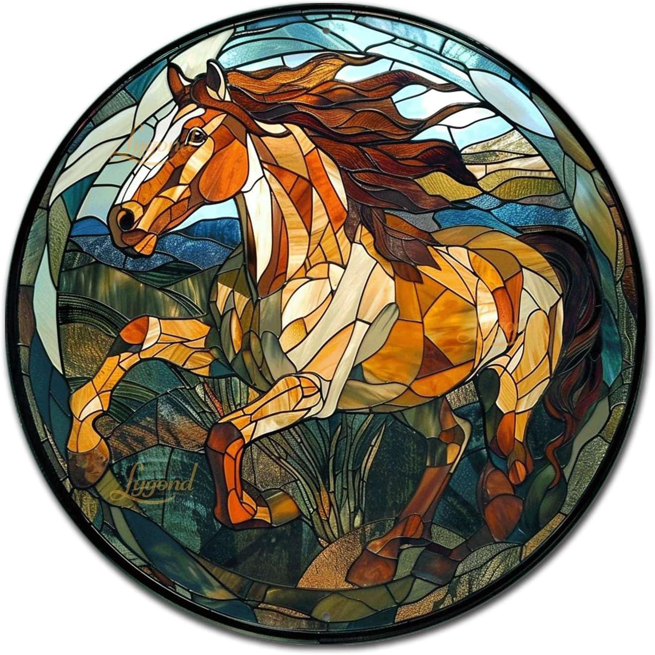 Lygond Metal Sign Tin Sign Circular Stained Glass American Mustang Garden Metal Sign for Gift 8×8 Inches