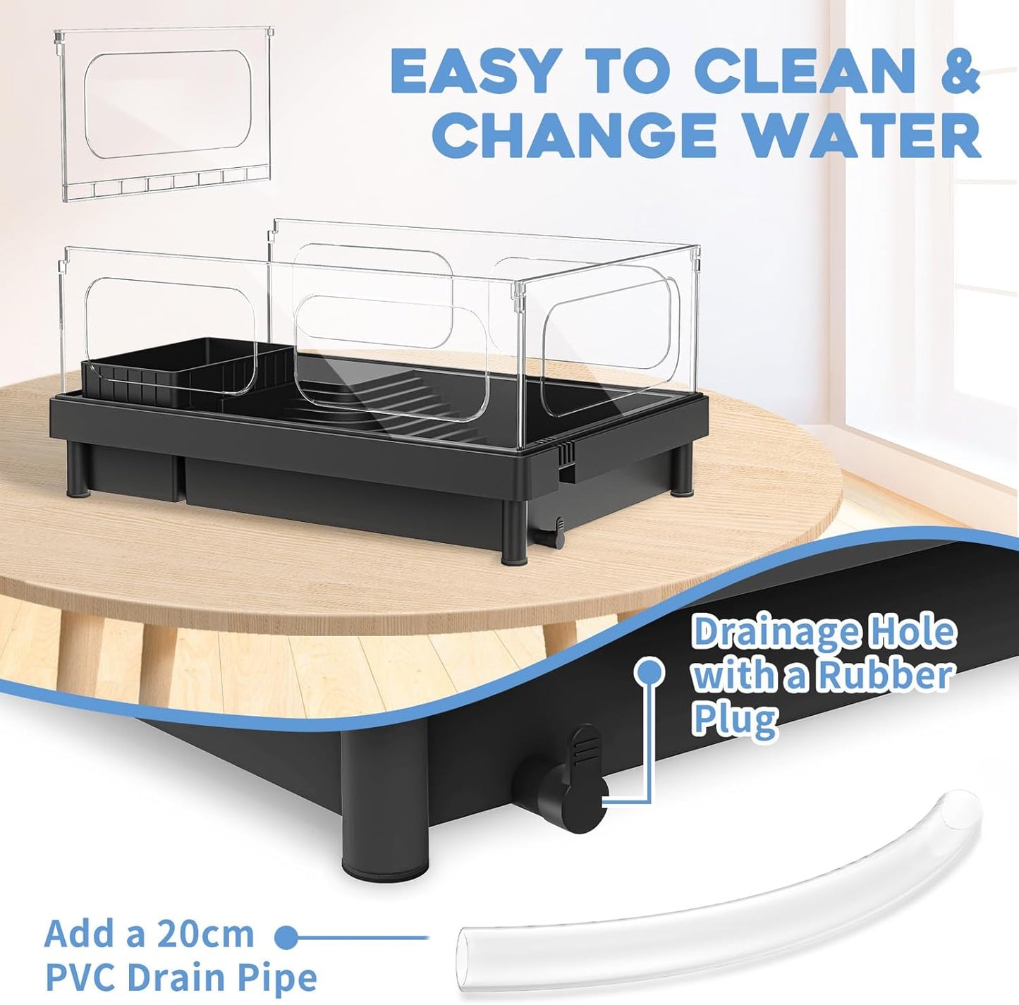 Small Turtle Tank, Aquarium, Acrylic Terrarium with Basking Platform, Bottom Drainage, Multi-Function Areas for Turtles, Crabs, Crayfish, Reptiles.(Black)