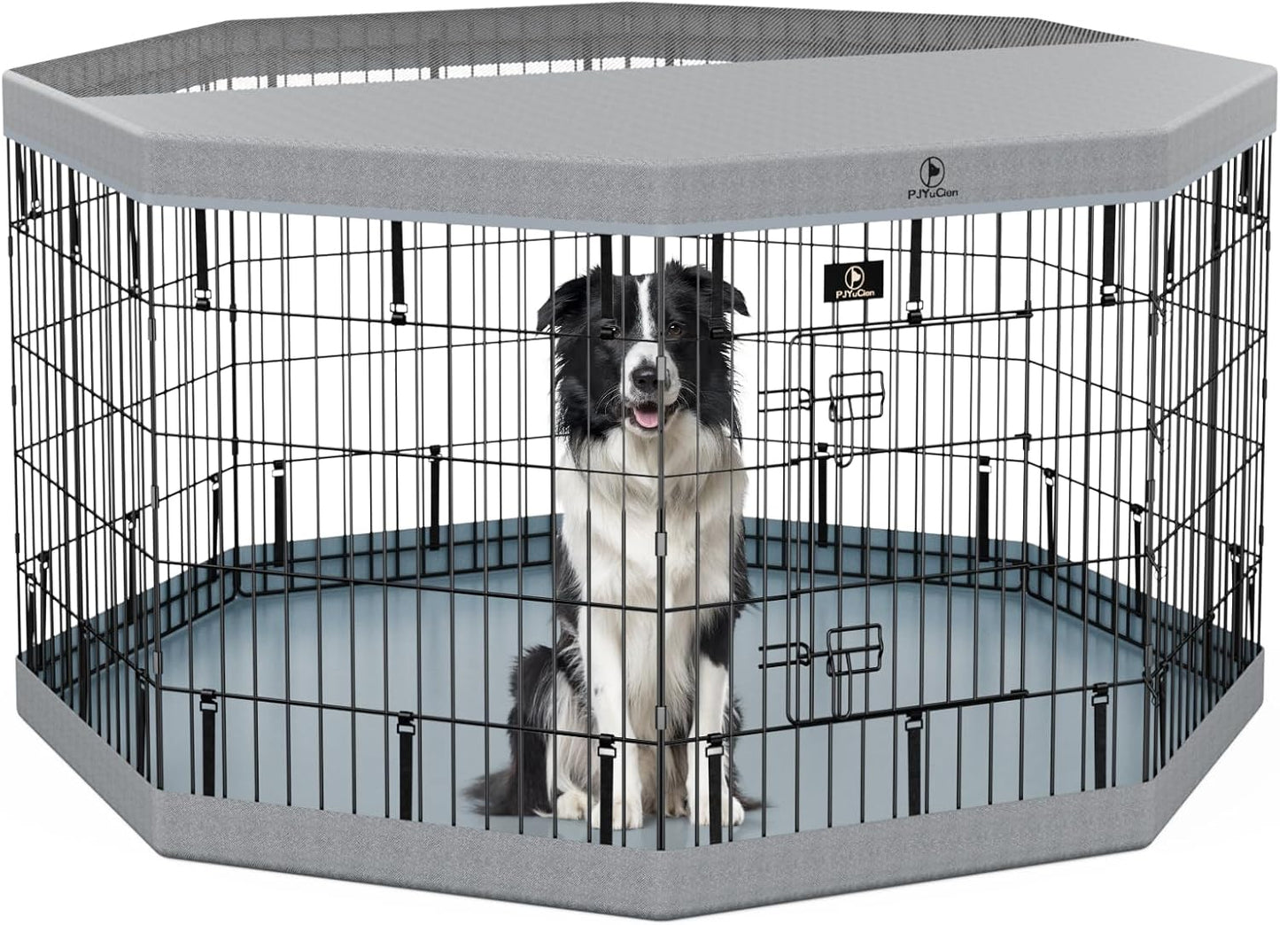 PJYuCien Dog Playpen, 8 Panels 30”H Dog Playpen Indoor with Grey Bottom Pad and Top Cover, Metal Foldable Dog Pen for Indoor Use, Better for Small Medium Animals, Grey