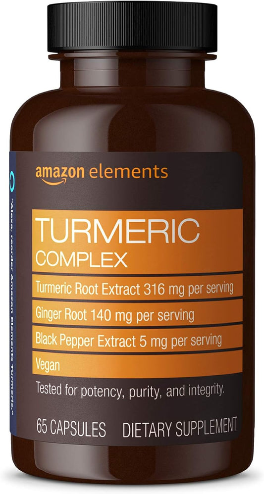 Amazon Elements Turmeric Complex, 316 mg Curcumin, 140 mg Ginger, 5 mg Black Pepper - Joint & Immune System, Healthy Inflammation Response - 65 Capsules (2 month supply)