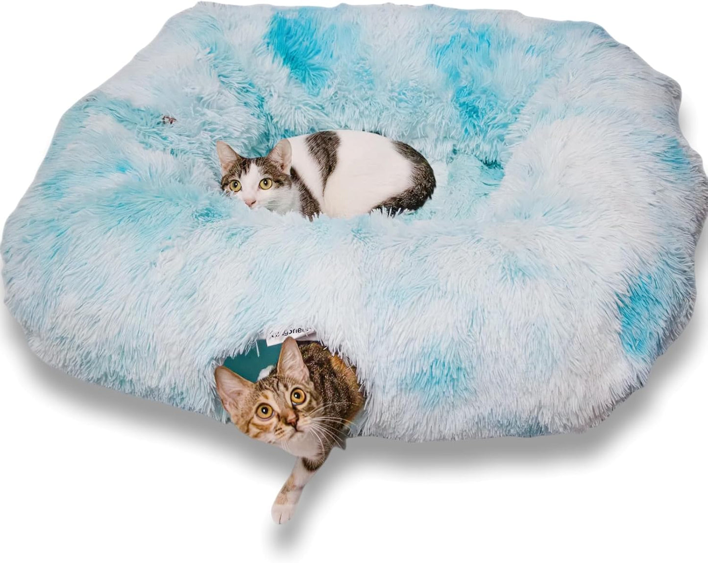 XxingSheep XL Cat Tunnel with Bed for Indoor Cats Peekaboo Cat Cave Donut Toy with Warm Mat,Azure Blue