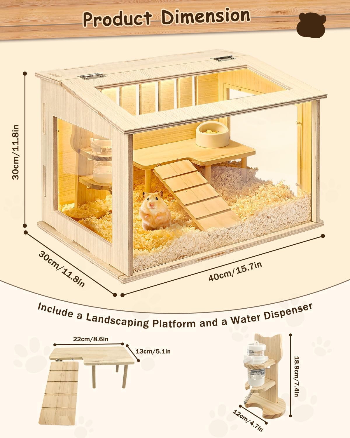 Small Wooden Hamster Cage for Dwarf Hamsters, 15.8" Portable Habitat with Acrylic Panels & Openable Top, Includes Water Bottle & Platform for Robo, Winter White Hamsters & Campbell’s Dwarf Hamsters