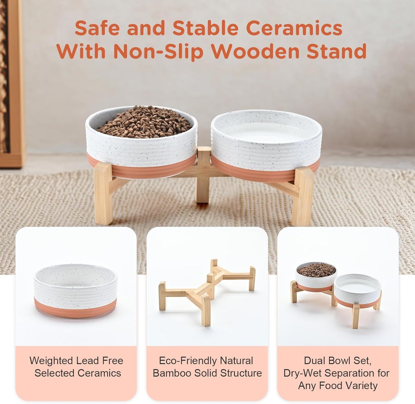 SPUNKYJUNKY Elevated Dog Bowls Ceramic, 5.1'' Dogs and Cat Food Water Bowls Raised with Non-Slip Bamboo Stand for Puppy Small Sized Breed Microwave Dishwasher Safe - 13.5 OZ,Pattern White