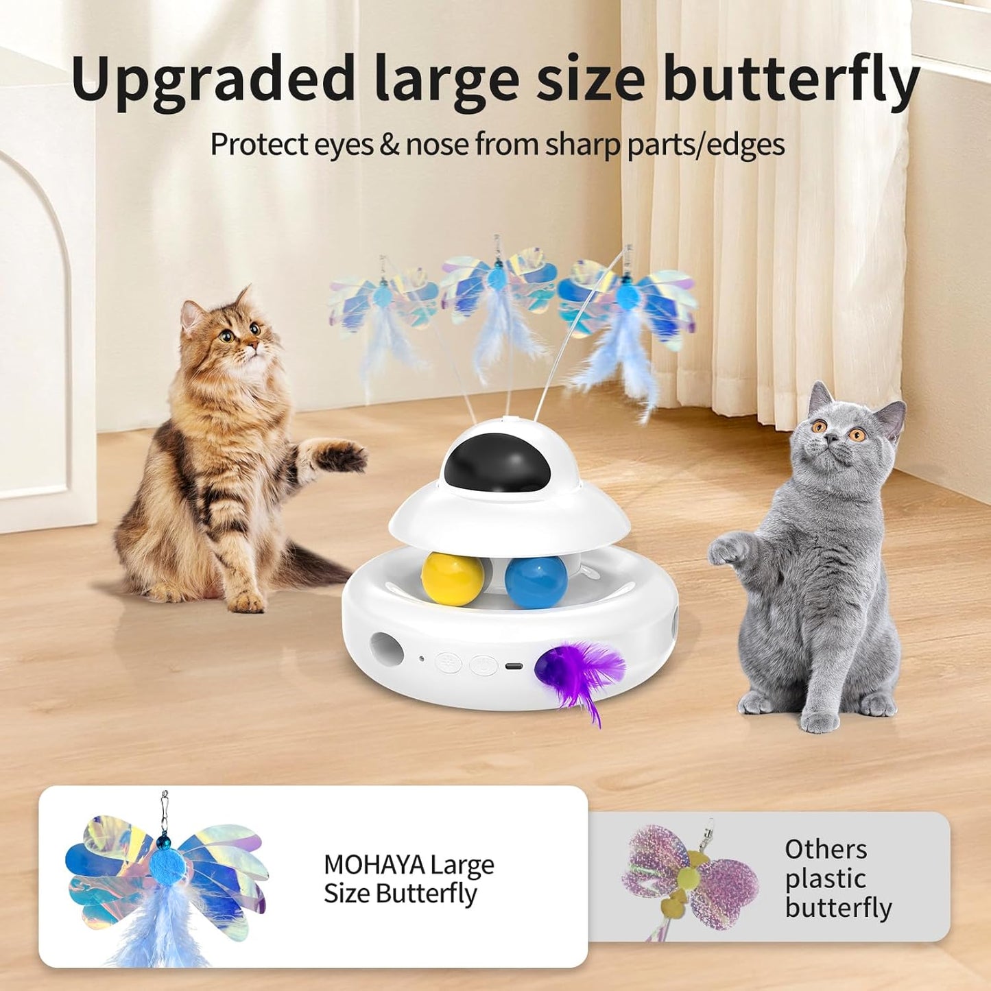 Interactive Cat Toys for Indoor Cats,4-in-1 Automatic Kitten Toy,Motion Activated Electronic Fluttering Butterfly,Track Balls, Moving Feather Toys for All Breeds,USB Rechargeable