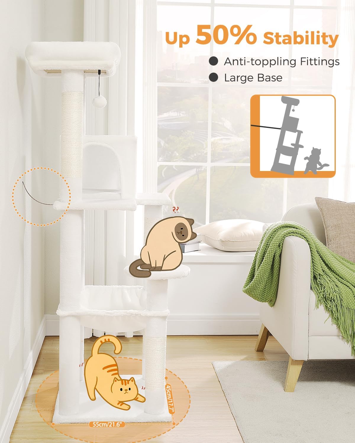 Cat Tree for Large Cats with Metal Plush Big Hammock, 56.3" Cat Tower for Indoor Cats with 2 Door Condo House, 6-Tier Cat Shelves with Scratching Posts and Large Top Perch, Cream White