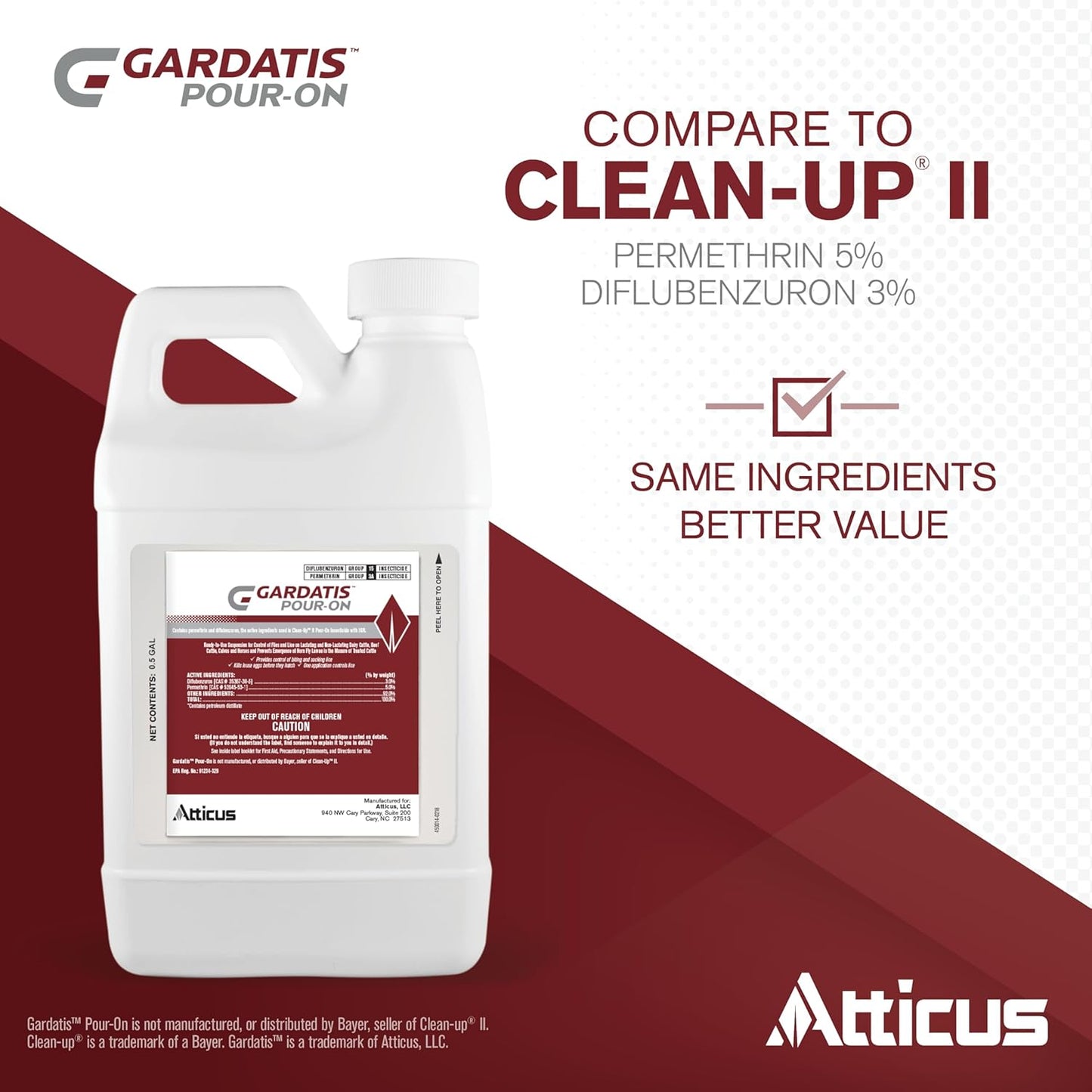 Atticus Gardatis Pour-On Insecticide with IGR (1/2 Gal) - Control Lice, Flies, and Ticks on Cattle and Horses - (Compare to Clean-Up II) - Permethrin 5.0% and Diflubenzuron 3.0%