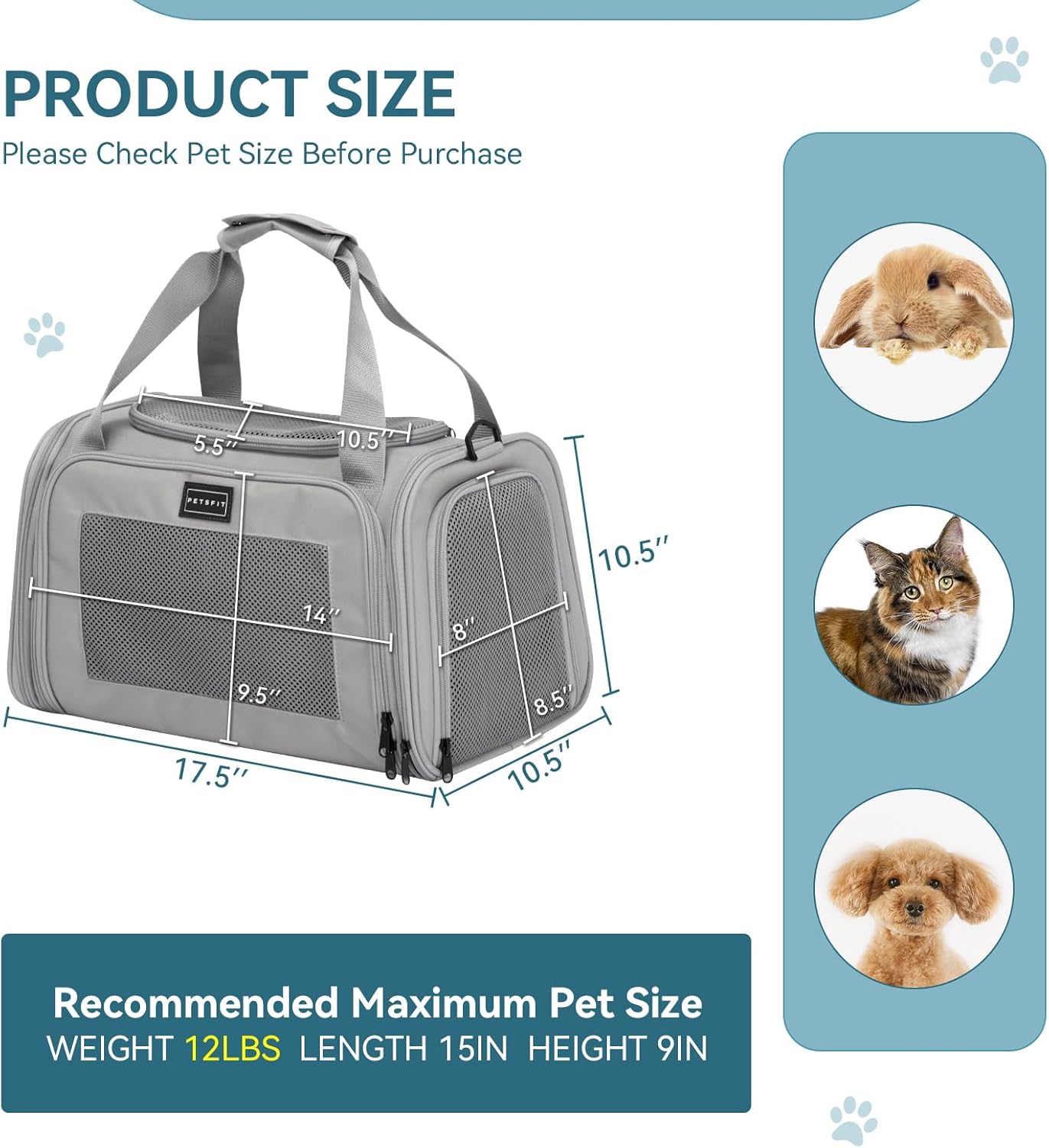 PETSFIT Cat Carrier Airline Approved, Soft Carrier for Small and Medium Cats Under 12 Lbs, Soft Cat Travel Bag, Kitten Carrier with Extendable Mat, Grey