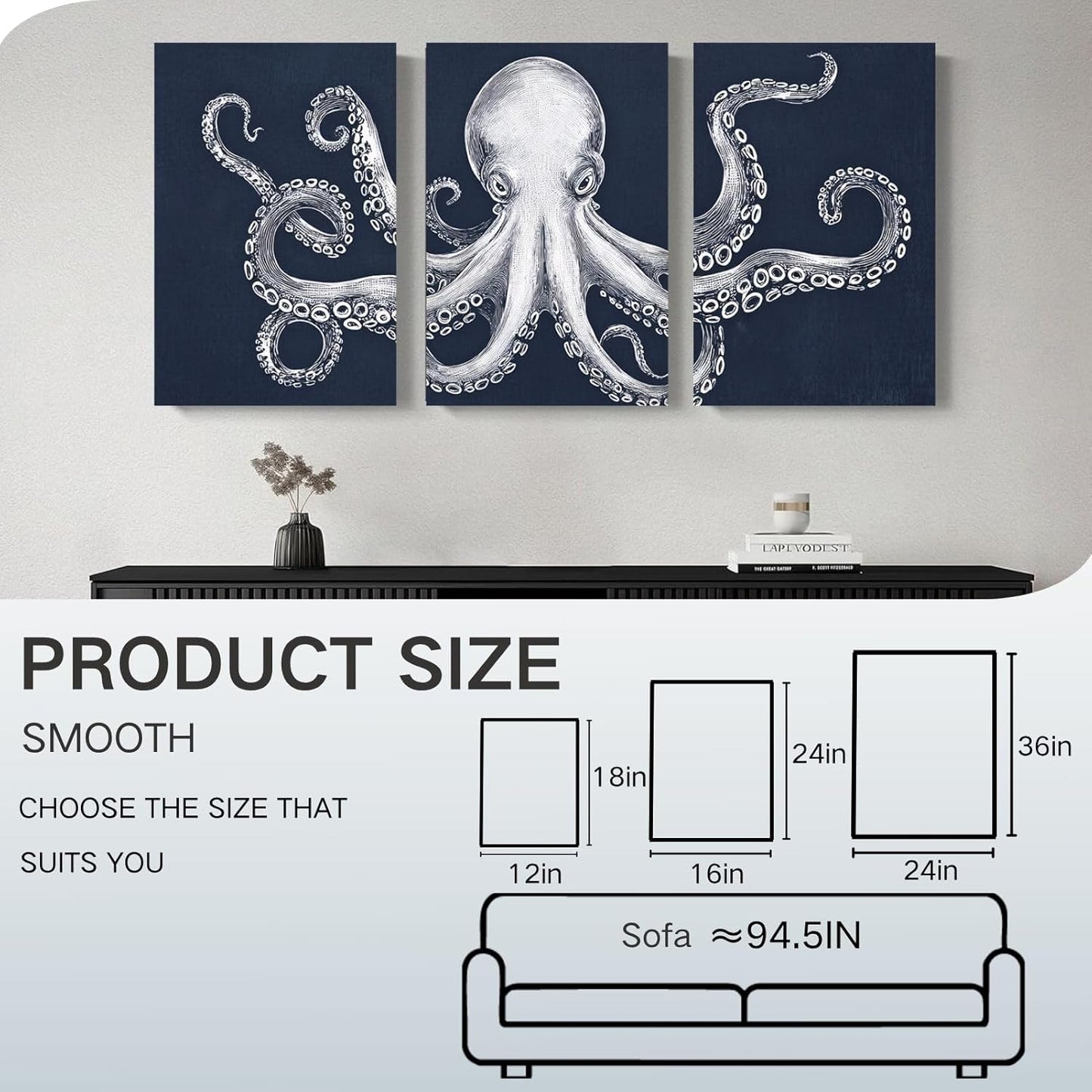 Octopus Wall Decor, Octopus Canvas Wall Art, Ocean Wall Decor,Sea Animal Canvas to Paint for Bathroom, Living Room, Bedroom (24" x 36" x 3 pcs)