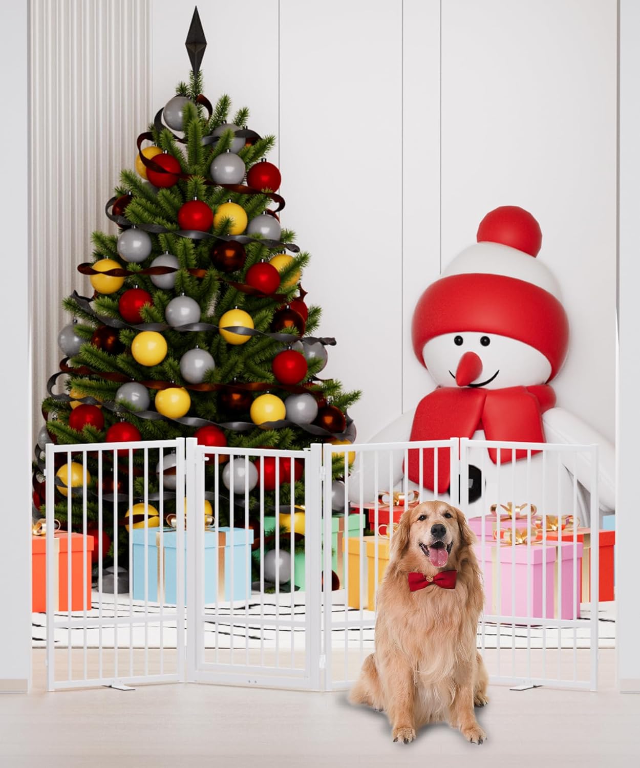 Full Metal Freestanding Dog Gate with Door, 32''Height Foldable Pet Dog Fence for Indoor & Outdoor, 4 Panels Extra Wide Free Standing TallDog Gates for Doorways,House,Stairs,Porch,Deck,Yard