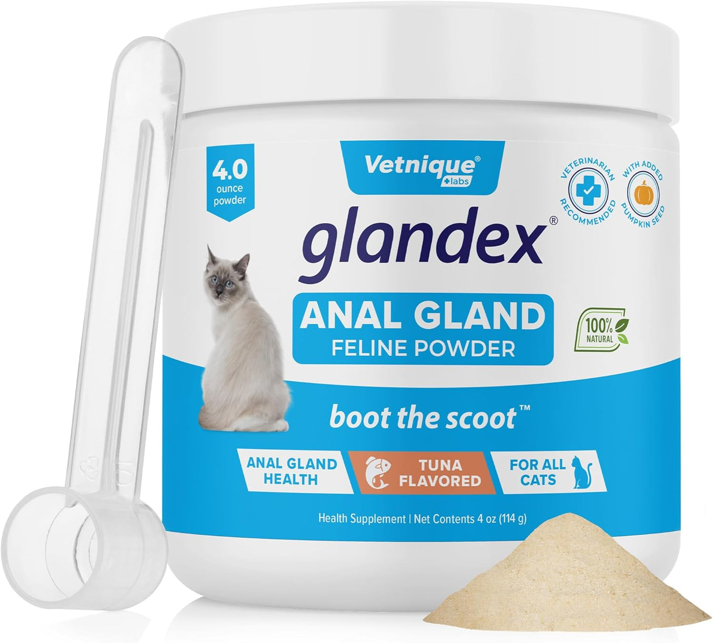 Vetnique Glandex Feline Anal Gland or Daily Probiotic Fiber Supplement Powder for Cats with Digestive Enzyme, Probiotics and Pumpkin, Vet Recommended for Healthy Bowels (4oz, Anal Gland Powder - Tuna)