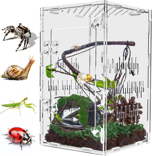 Jumping Spider Enclosure, Large Acrylic Praying Mantis Habitat, 10"*6"*6" Ventilated Insect Terrarium Cage with Front Opening Door for Small Retiles - Arboreal Tarantula, Snails, Bug, Lizard