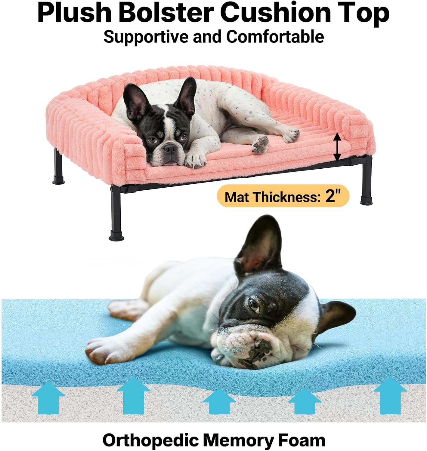 Veehoo Elevated Dog Bed with Bolster Cushion, Fluffy Plush Dog Couch Beds for Small Dogs, Cats, Washable Raised Pet Cot with Non-Slip Feet for Indoor or Patios Use, 30 x 20 Inches, Pink