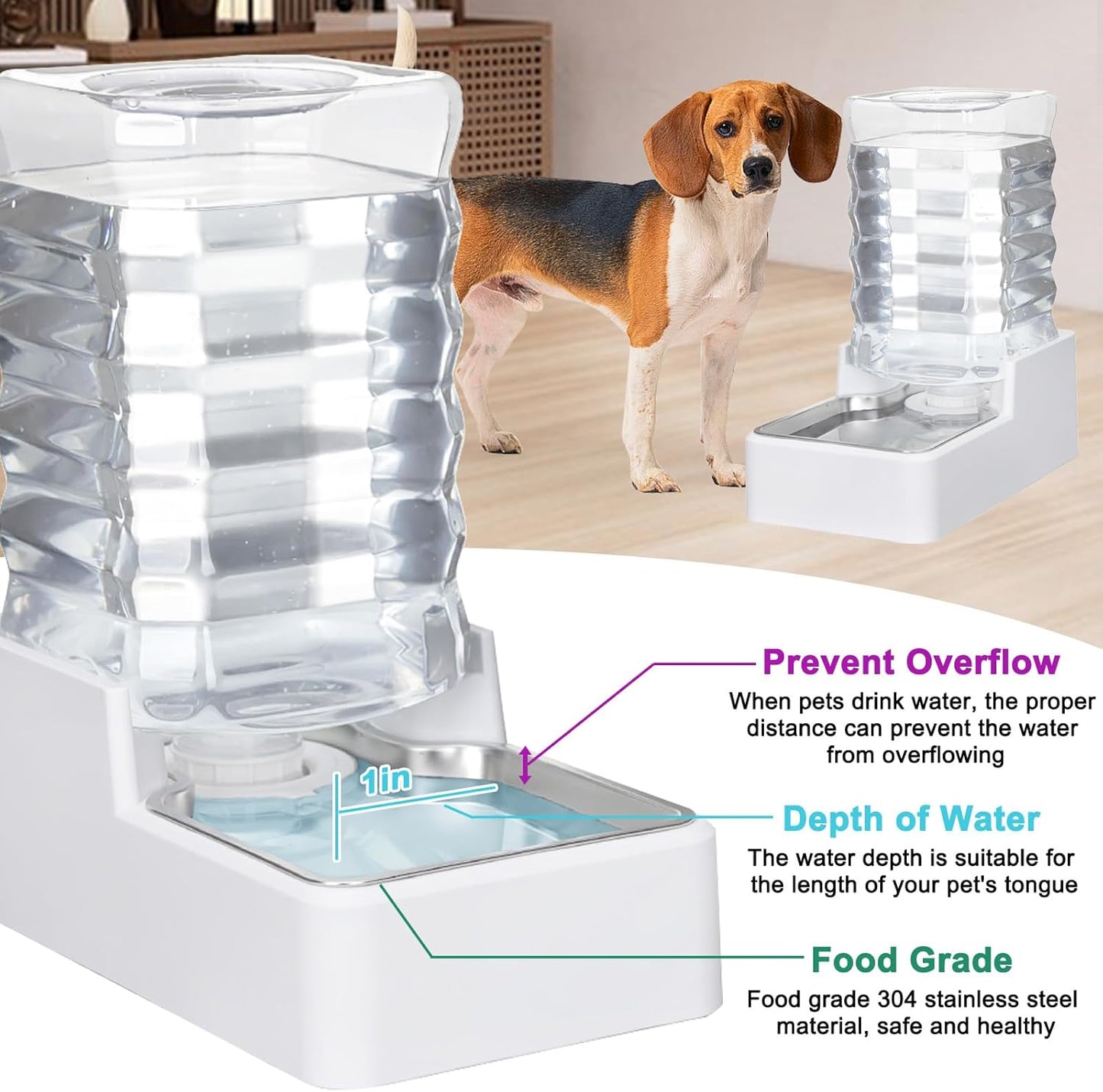 Automatic Dog and Cat Dispenser: 8L White Gravity Feeder with Stainless Steel Bowl - BPA-Free - No Spill Design for Cats and Dogs - Indoor and Outdoor Hydration