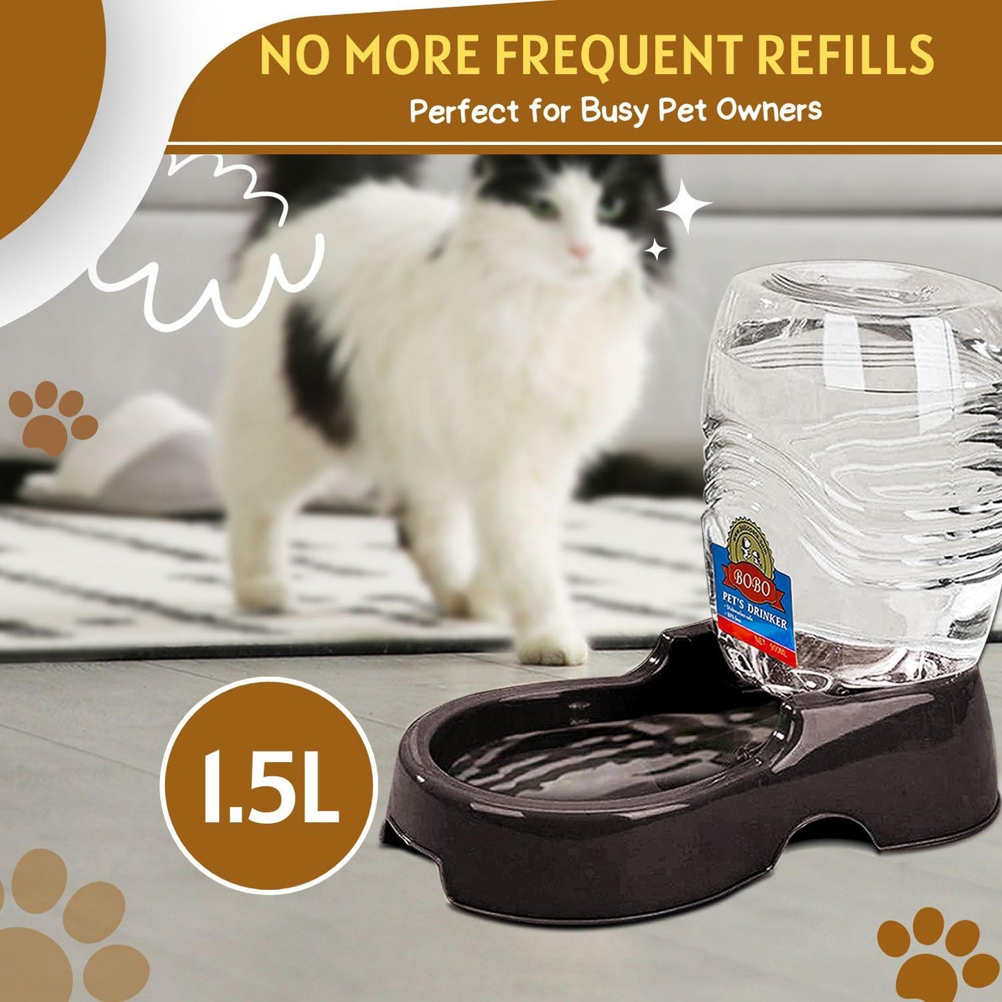 Flexzion Automatic Gravity Pet Waterer for Cat & Dog - Non-Skid & Easy-Clean Auto Replenish Water Dispenser Drinking Bowl (3/8 Gallon / 1.5L), Black