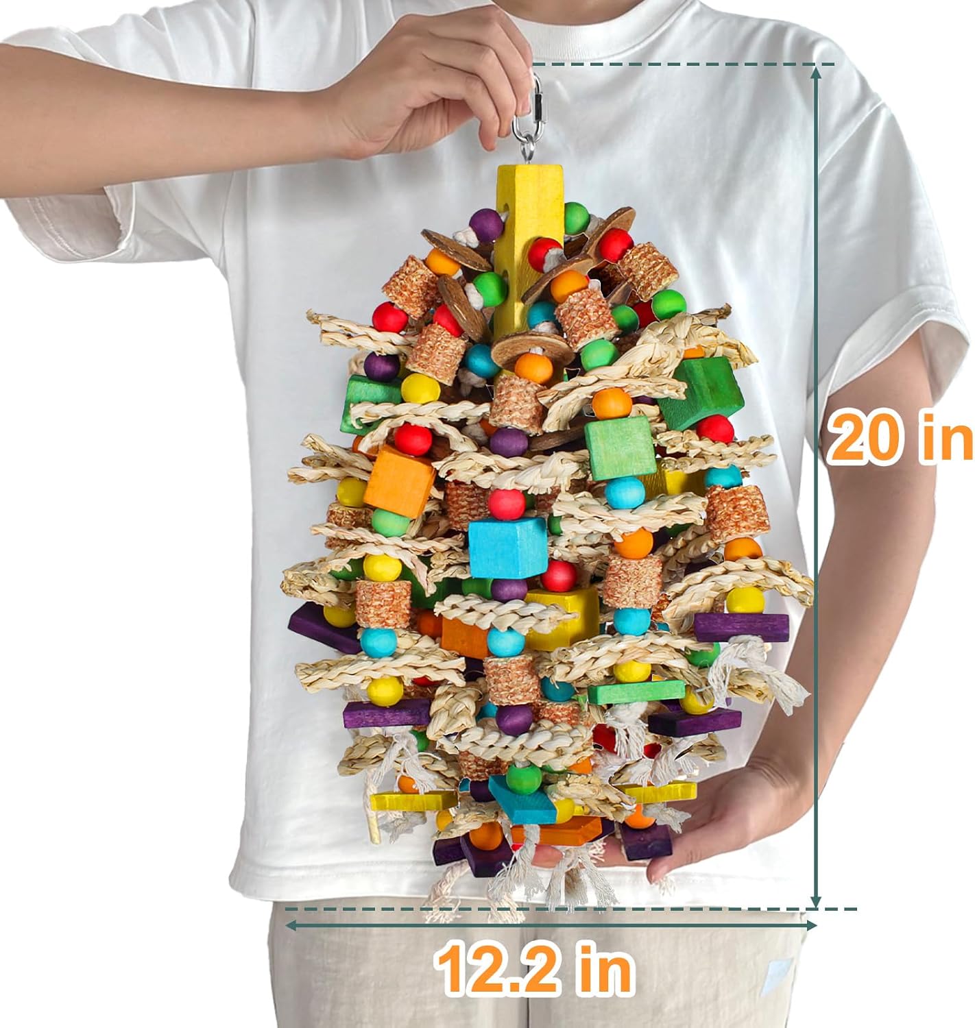 Medium Large Parrot Toys 20in Chewable Bird Toy with Coconut Shell, Poplar Wood, Corn Cob, 112 Schima Wood Beads Bird Shredding Toys Parakeet Macaw Cockatiel Conure African Grey Parrot Gifts