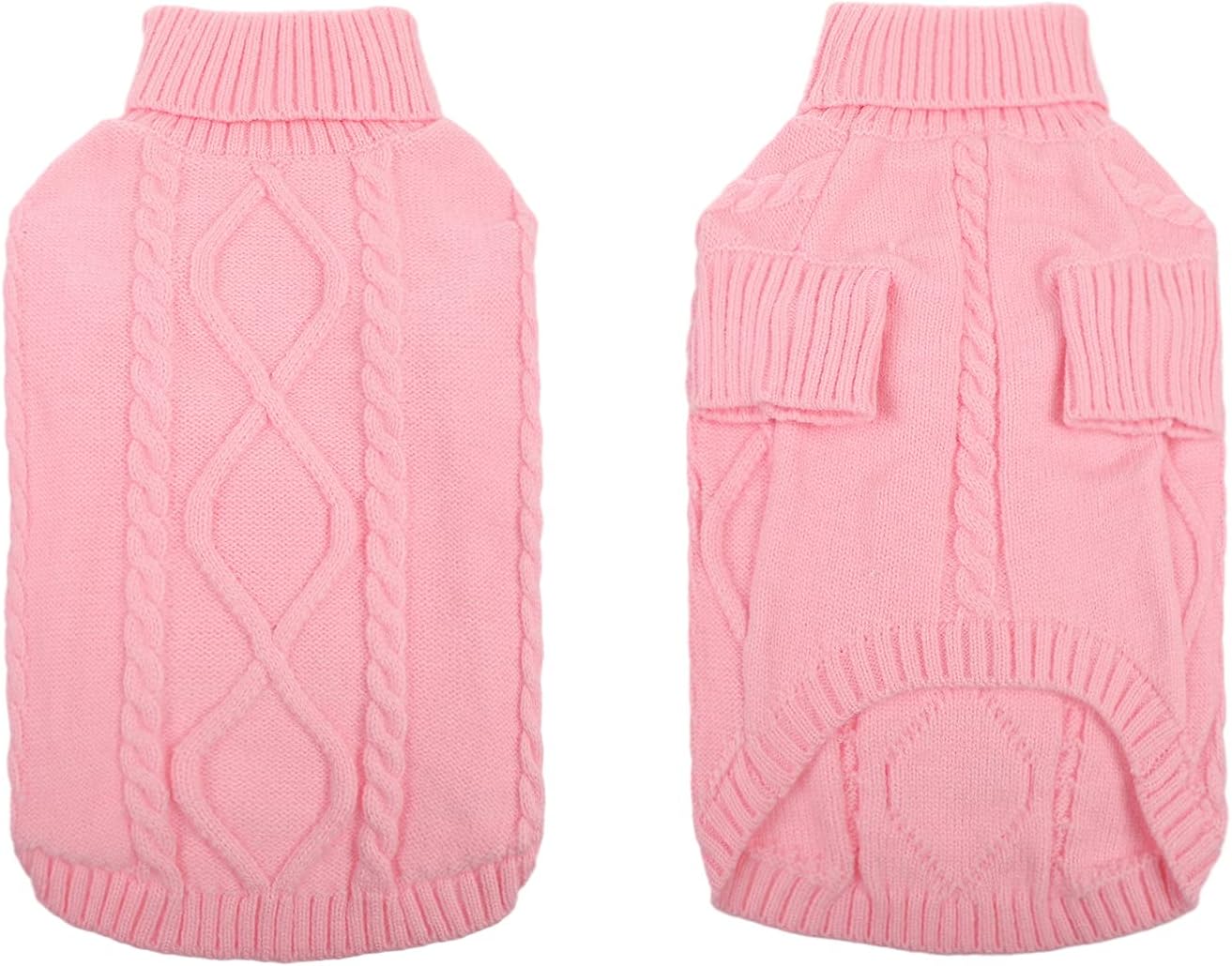 Queenmore Small Dog Pullover Sweater, Cold Weather Cable Knitwear, Classic Turtleneck Thick Warm Clothes for Chihuahua, Bulldog, Dachshund, Pug, Yorkie (Pink, Medium)