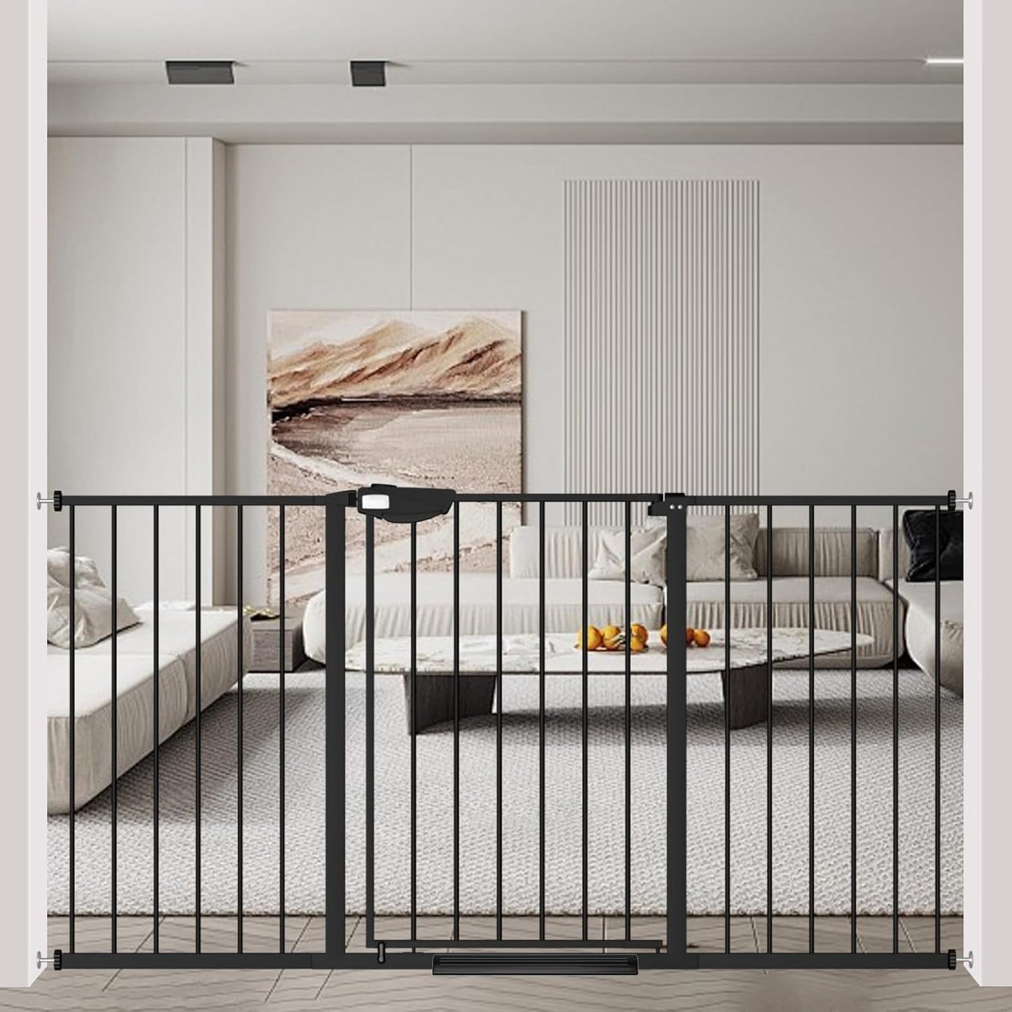 WAOWAO Triple Lock Baby Gate Extra Wide 57.87-62.59" Pressure Mounted Walk Through Swing Auto Close Safety Black Metal Dog Pet Puppy Cat for Stairs,Doorways,Kitchen