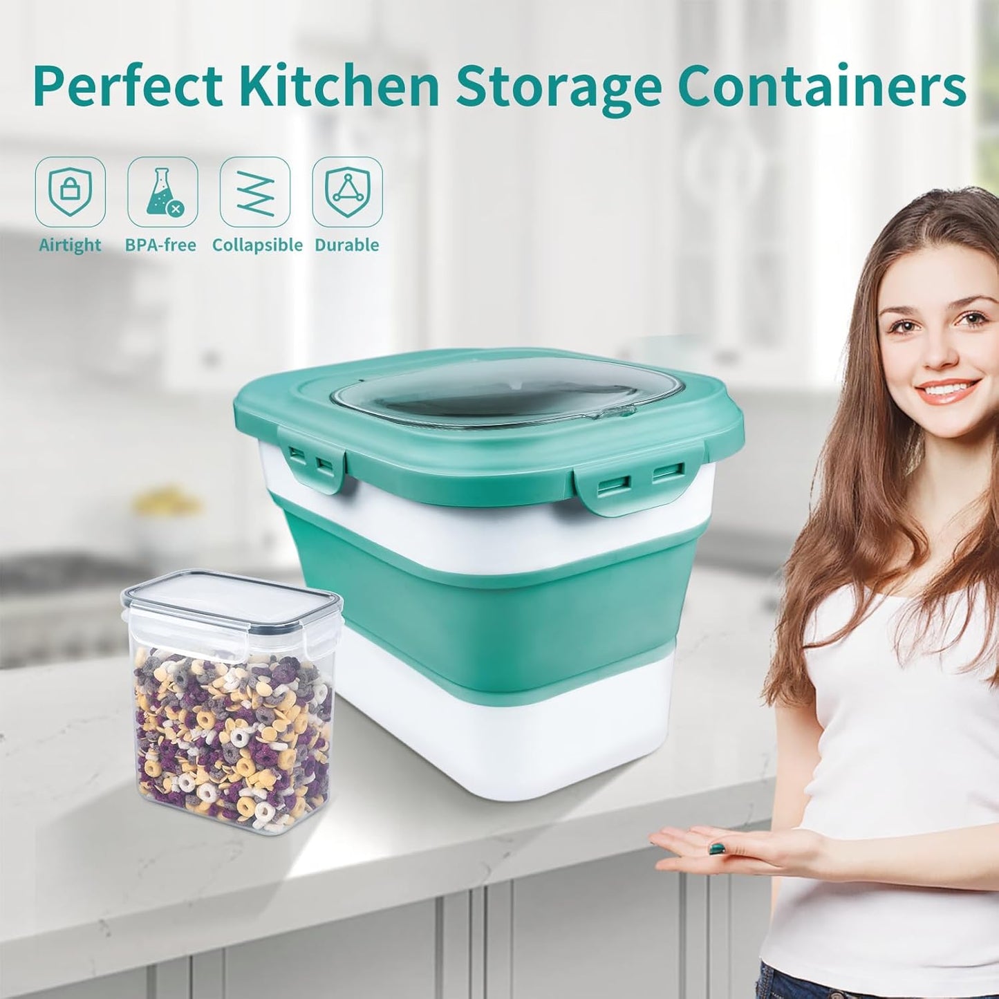 Rice Storage Container, Collapsible Airtight Food Storage Containers 6-20 Lbs, Rice Dispenser with Measuring Cup and Small Bin for Flour Cereal Pasta Grain, Cat Pet Dog Bird Food Container