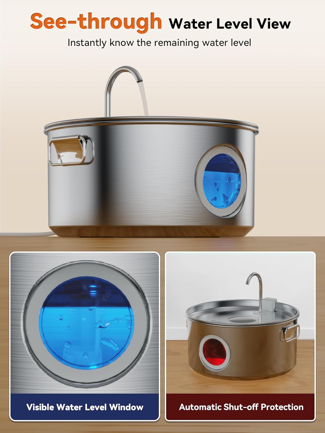 Dog Water Fountain for Large Dogs, 3.2Gal/406oz/12L Stainless Steel Pet Water Fountain, Quiet Dog Water Bowl Dispenser with Visible Window for Large Dog, Multi-pet Home