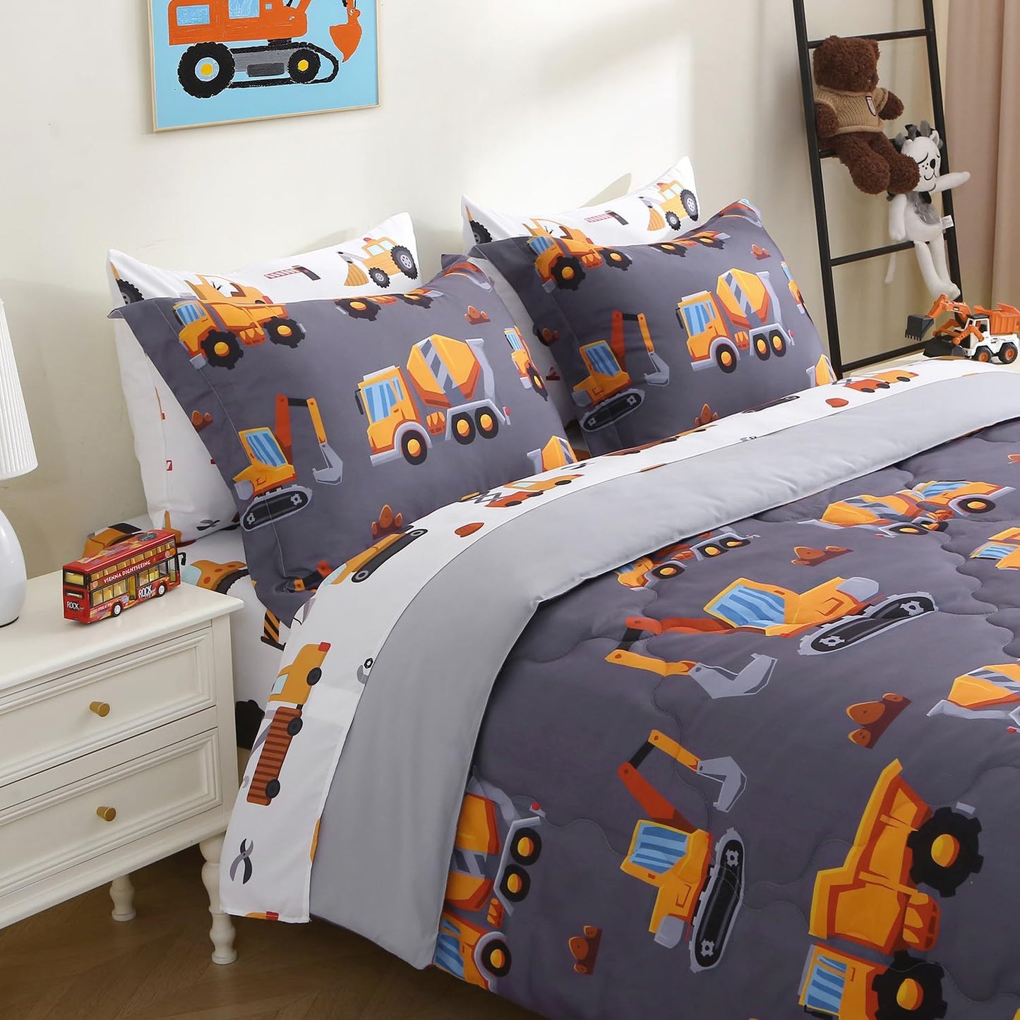 Kids Comforter Set 7 Piece Bedding Cute Car Cartoon Truck Bed Microfiber Comforter Queen Size All Season Excavator Car Truck Printed