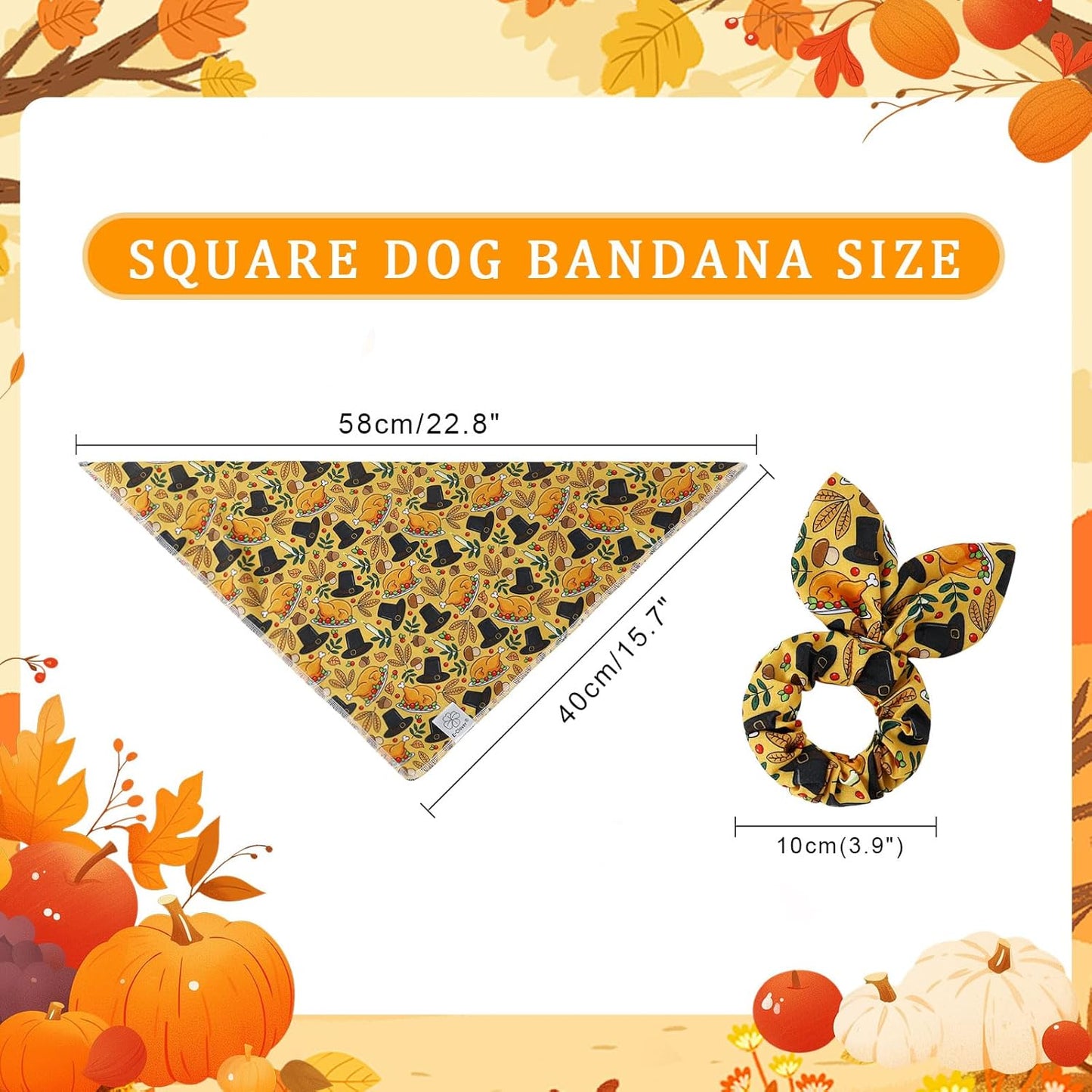 E-Clover Thanksgiving Dog Bandanas & Matching Scrunchie Set Girl Fall Turkey Dog Scarf Bibs Pet Bandana with Bow Tie for Small Dogs Puppy Owner Mom Brown