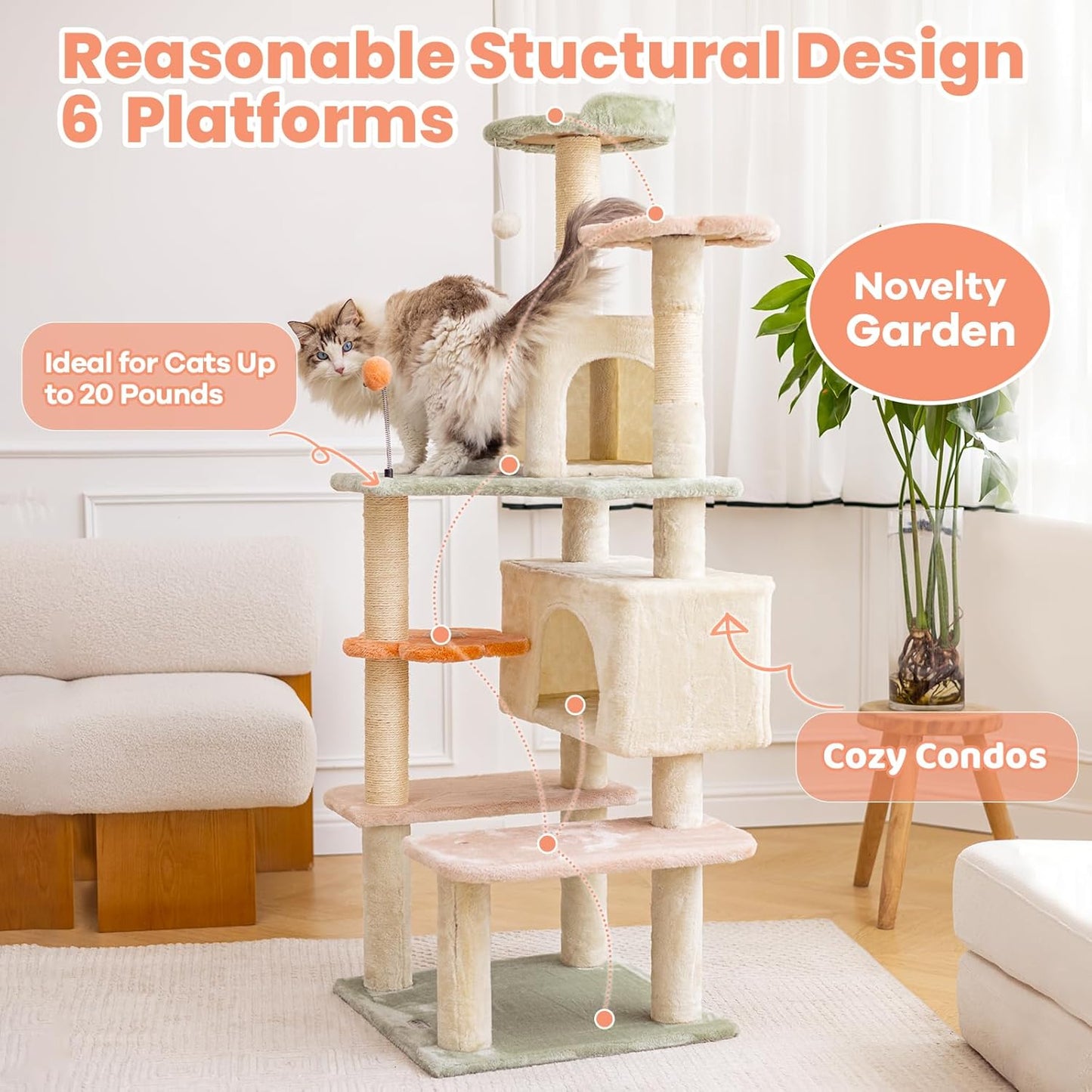 HYABi 59 Inch Flower Cat Tree Tower - Multi-Level Cat Condo with Plush Scratching Posts, Toy Balls, and Pet House, Indoor Play Platform for Large Adult Cats, Stylish Color Design