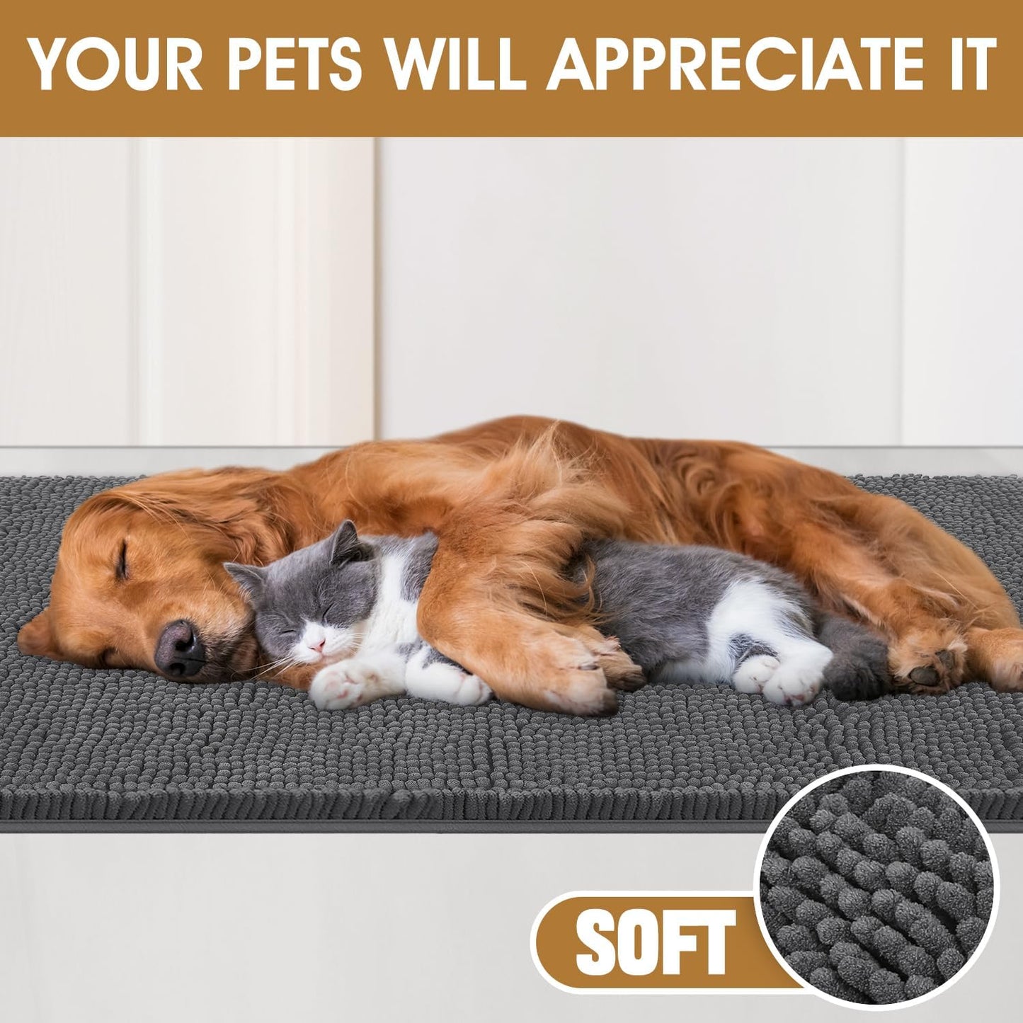 2 Pieces Muddy Door Mats for Dogs, Chenille Absorbent Pet Mats, Quick Dry, Trap Dirt Non Slip Heavy Indoor Doormat Soft Dog Bed Mat Front Inside Door Mat for Indoor Outdoor Entrance,Grey