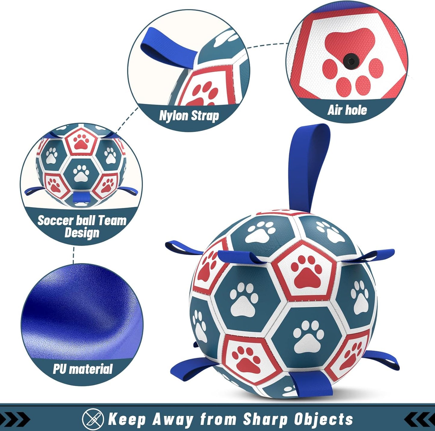 QDAN Dog Toys Soccer Ball with Straps, Herding Balls for Dogs, Interactive Toy for Tug of War, Durable Dog Balls for Medium Large Dogs (8 Inch)